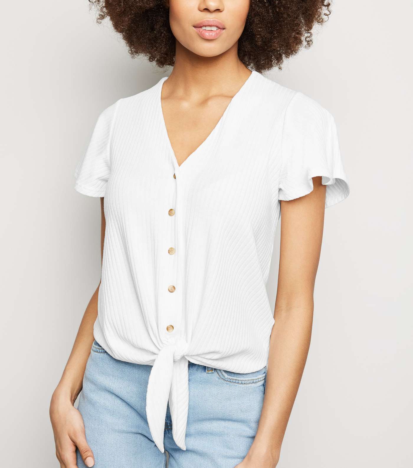 Cream Ribbed Button Tie Front Top