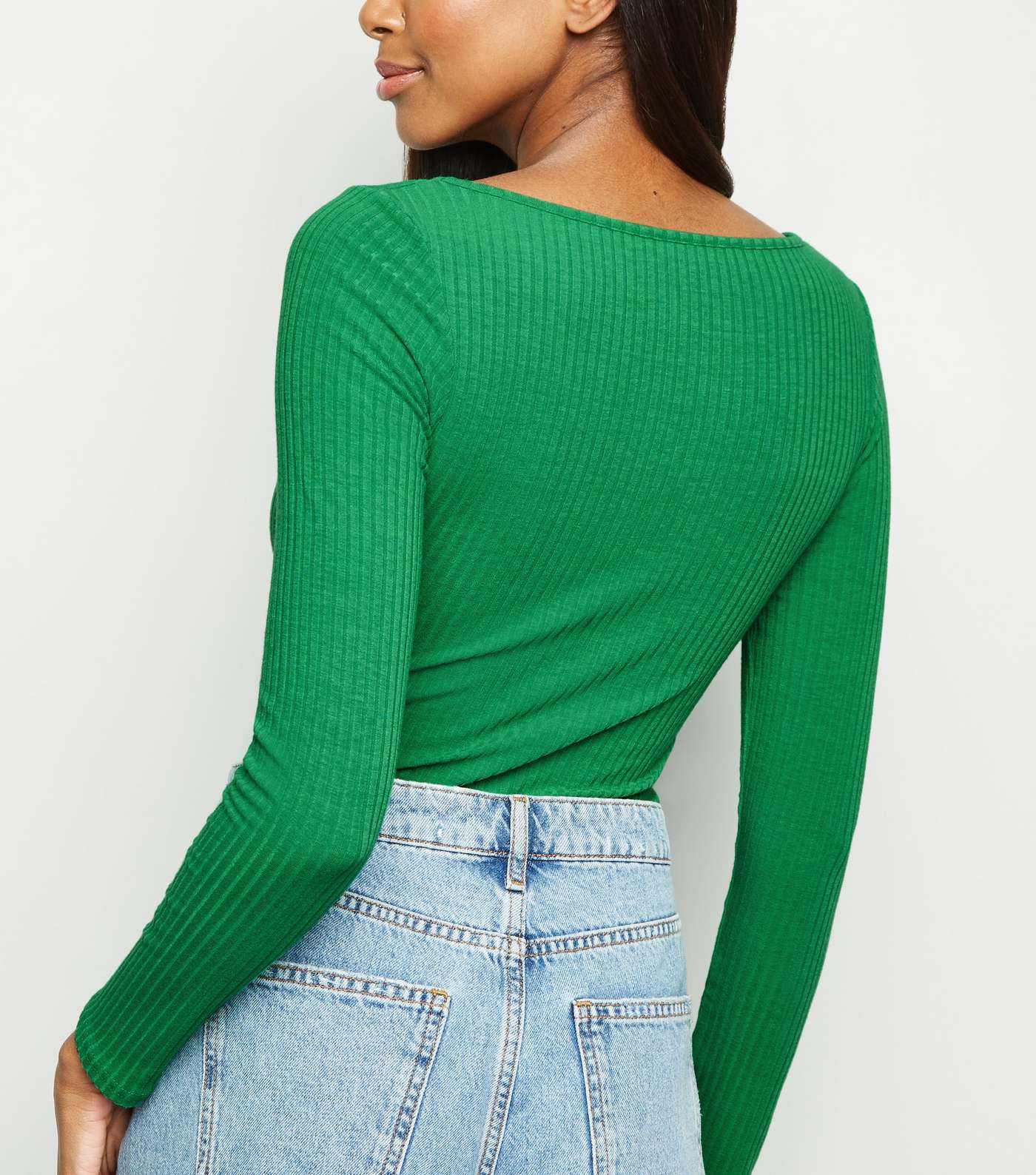 Green Ribbed Tie Front Bodysuit Image 3