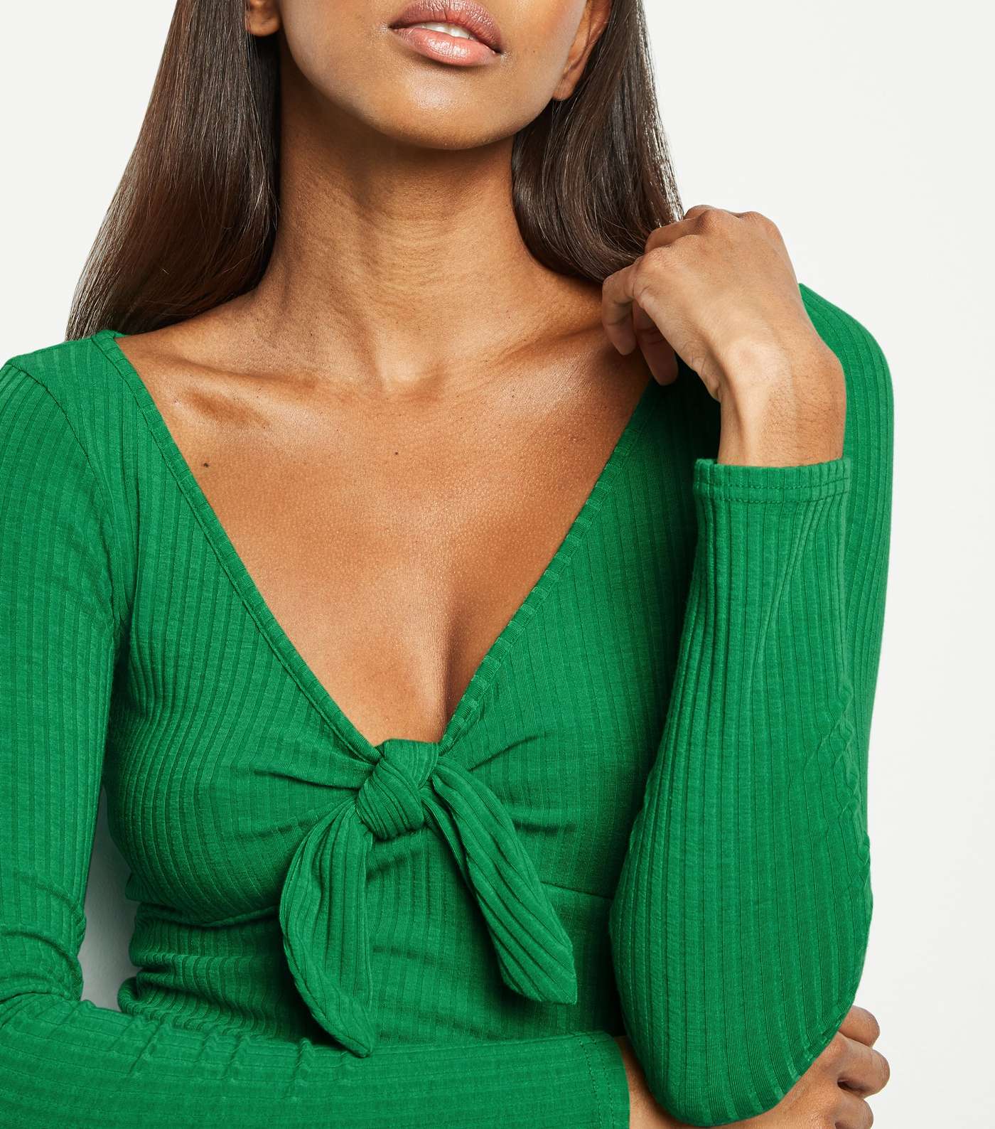 Green Ribbed Tie Front Bodysuit Image 5