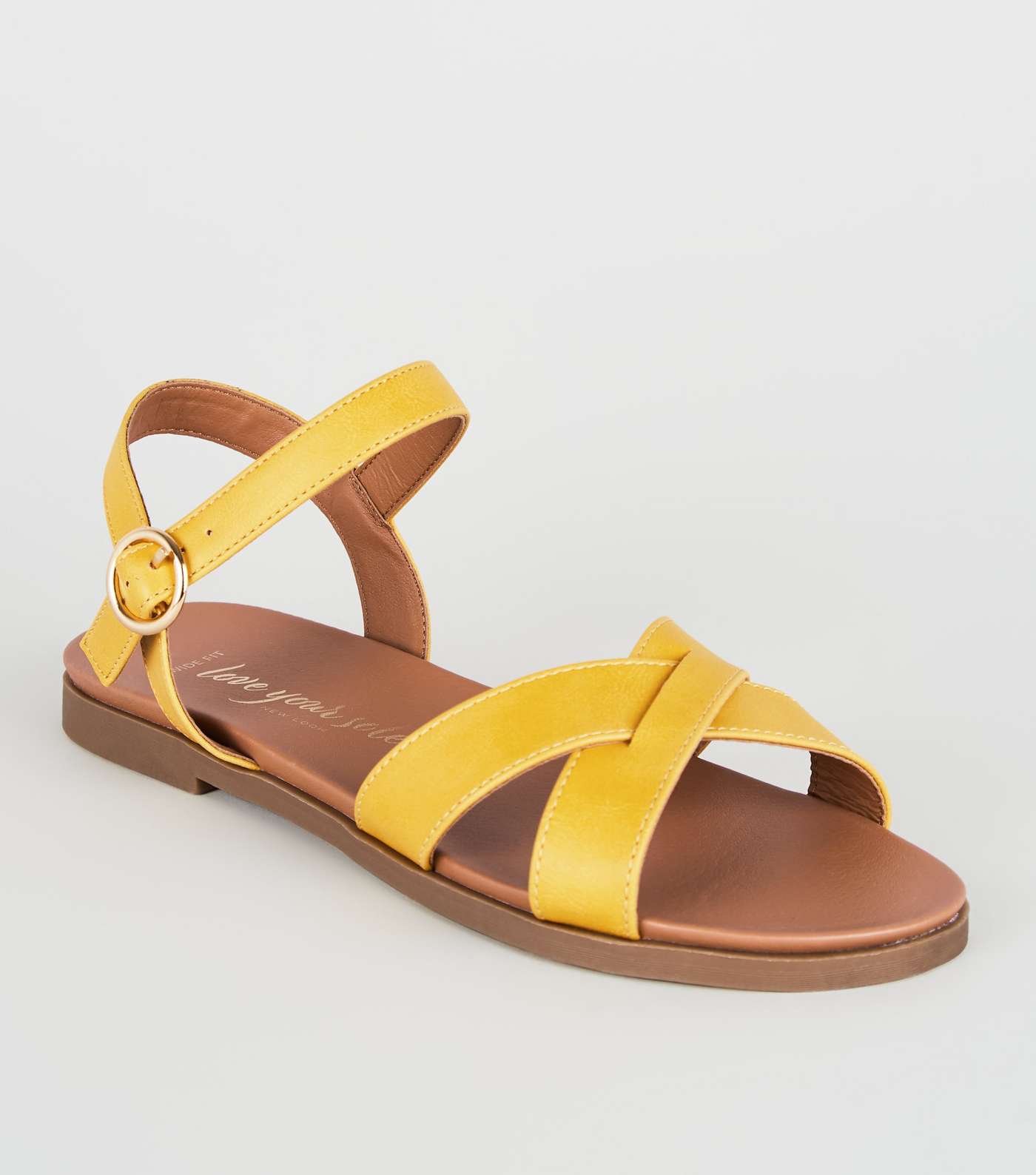 Wide Fit Mustard Leather-Look Cross Strap Sandals