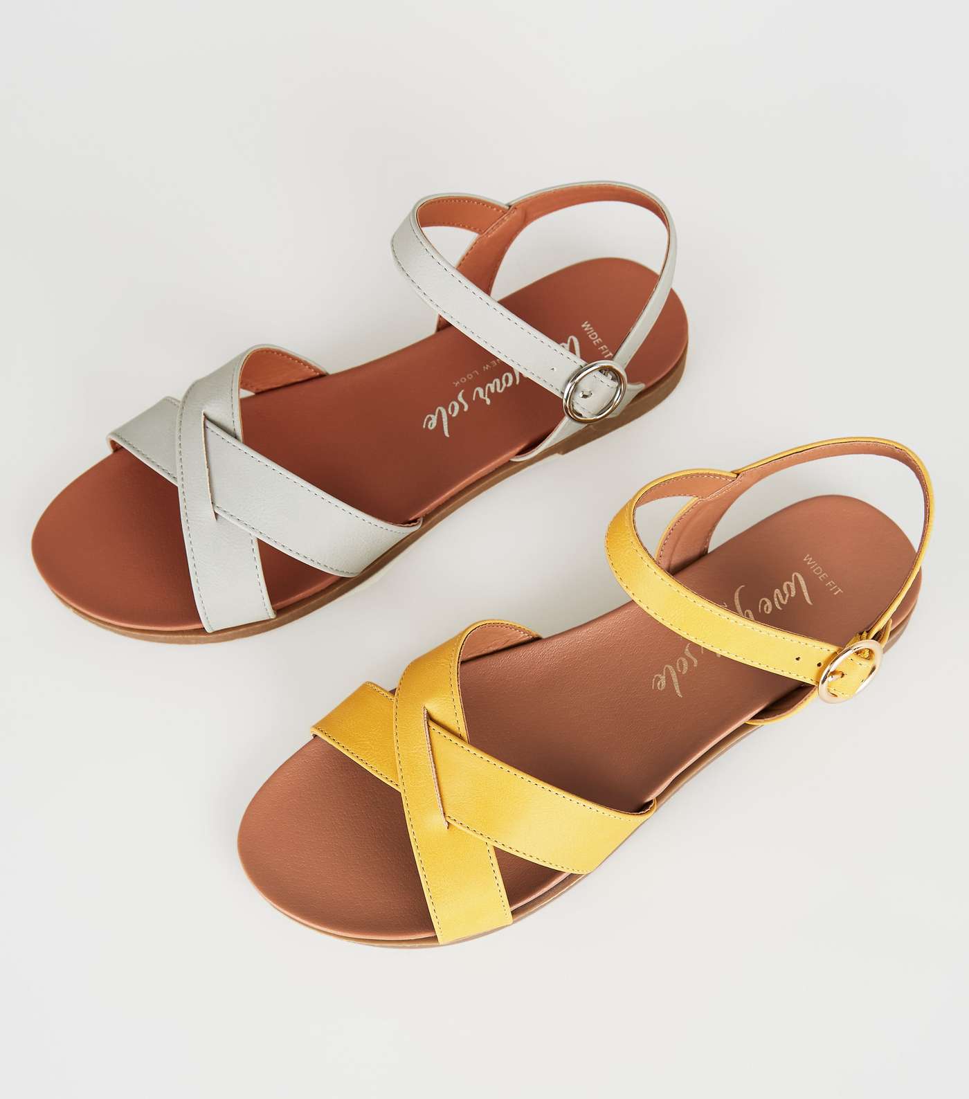 Wide Fit Mustard Leather-Look Cross Strap Sandals Image 3