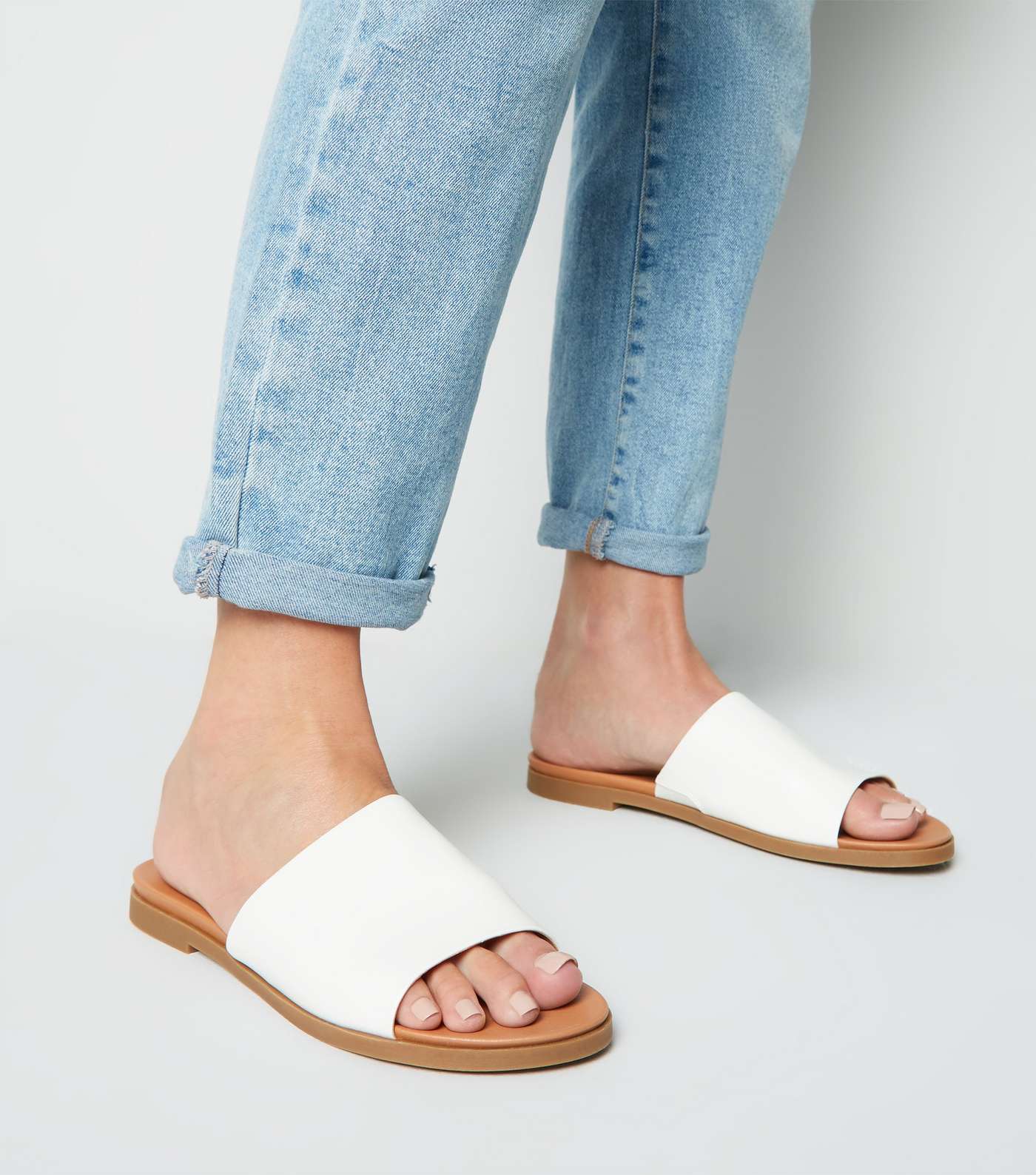 White Leather-Look Strap Footbed Sliders Image 2