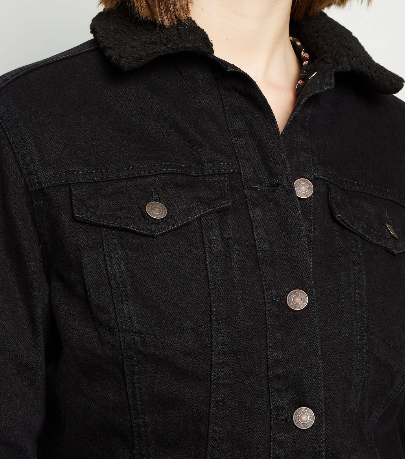 Black Oversized Teddy Lined Denim Jacket Image 6