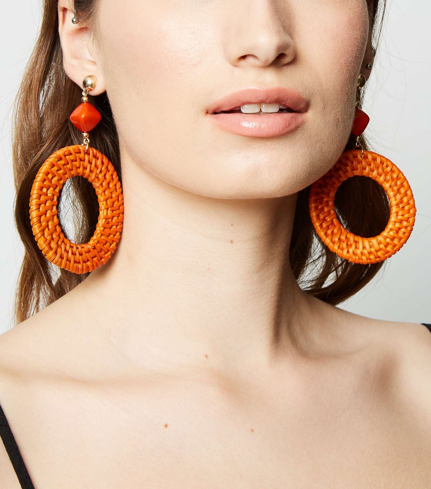 Bright Orange Woven Raffia Disc Earrings Image 2