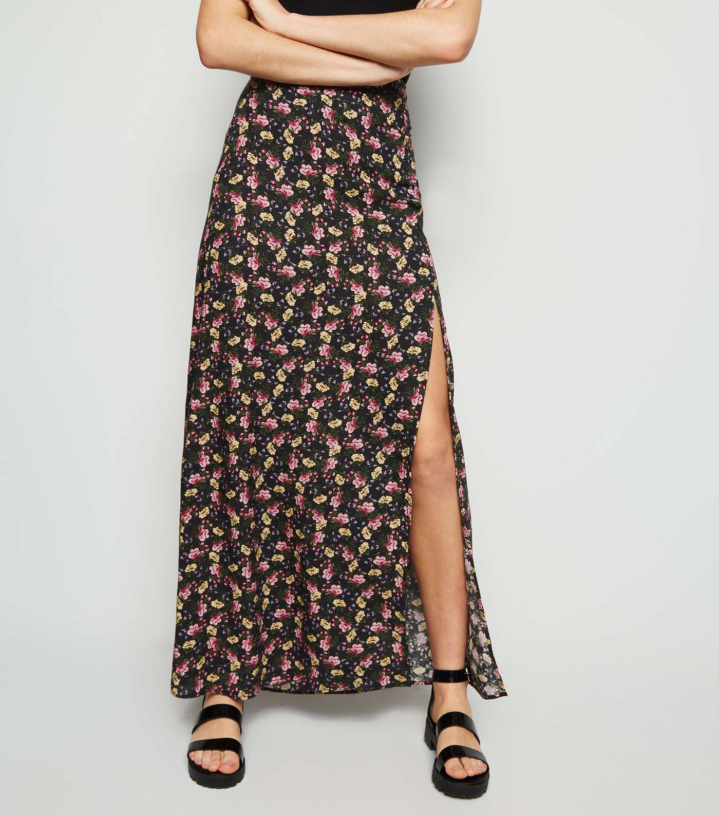 Black Floral Split Side Maxi Skirt Image 2