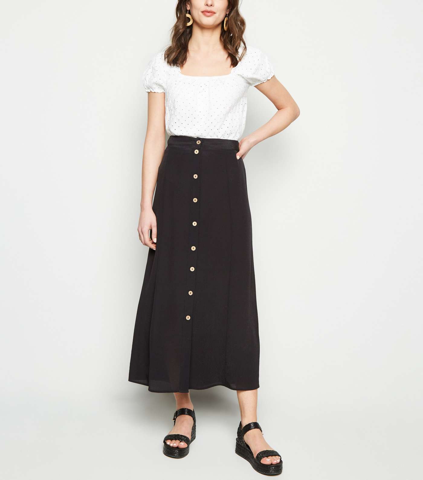 Black Button Front Midaxi Skirt
