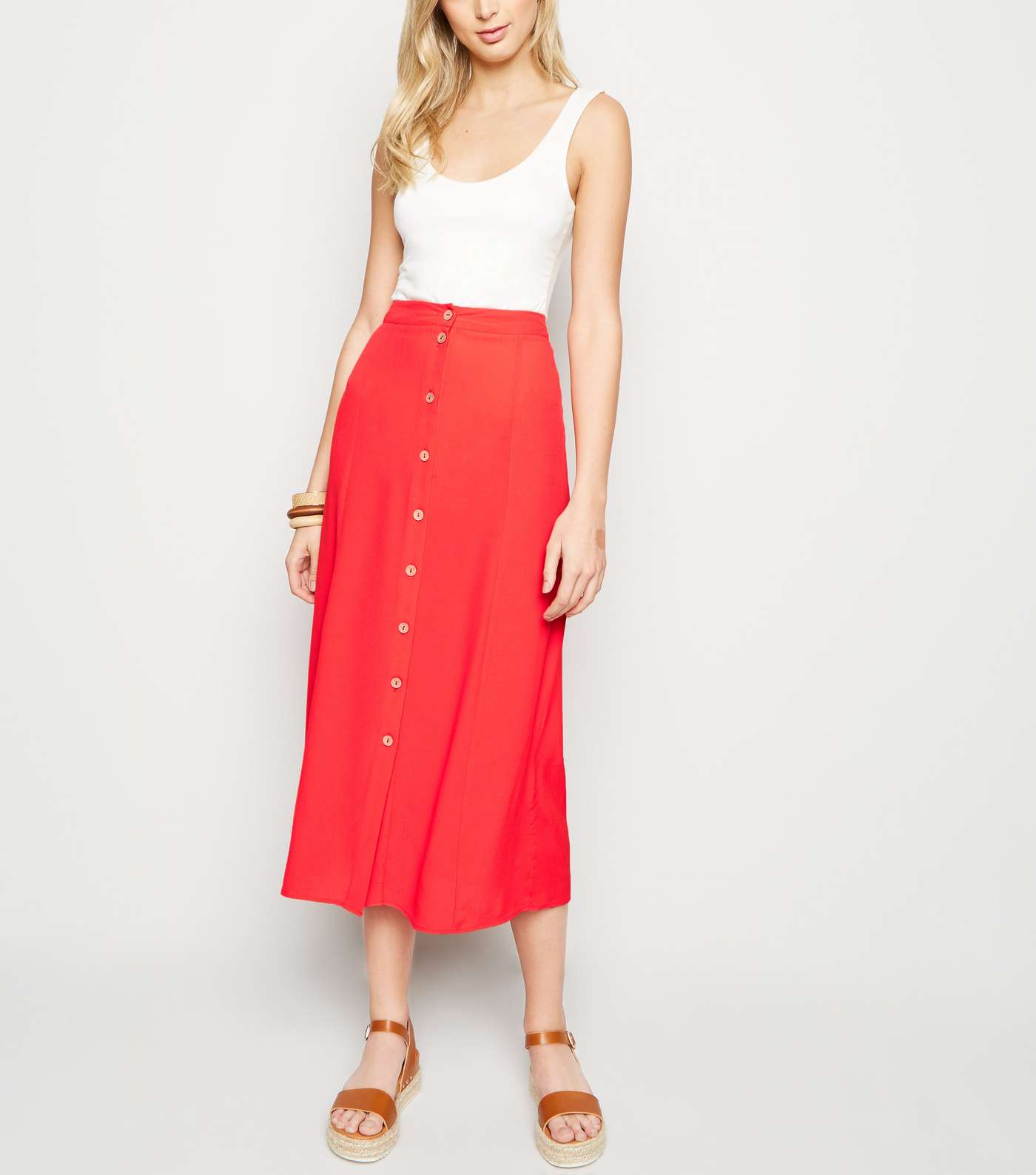 Red Button Front Midaxi Skirt