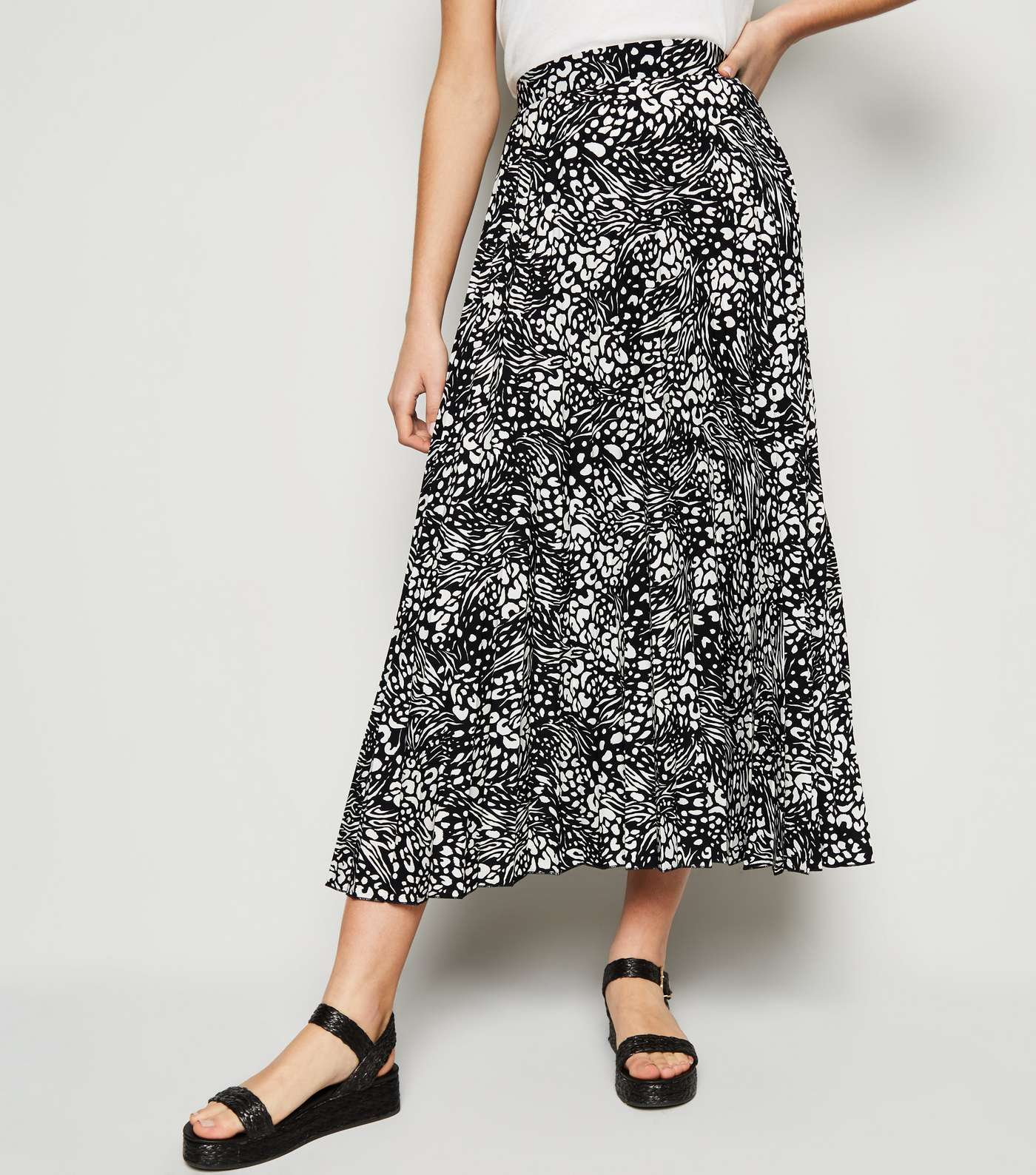 Black Mixed Animal Print Pleated Midi Skirt Image 2