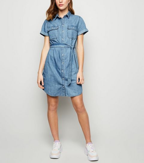 Bright Blue Short Sleeve Denim Shirt Dress
