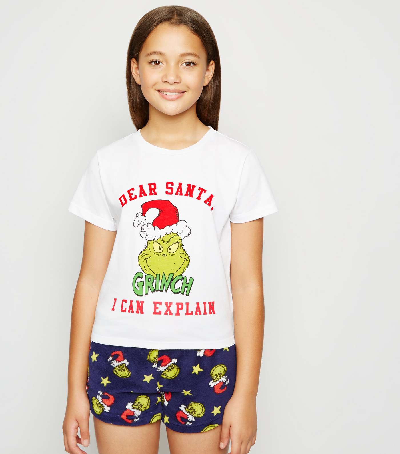 Girls White Fluffy Grinch Slogan Christmas Pyjama Set