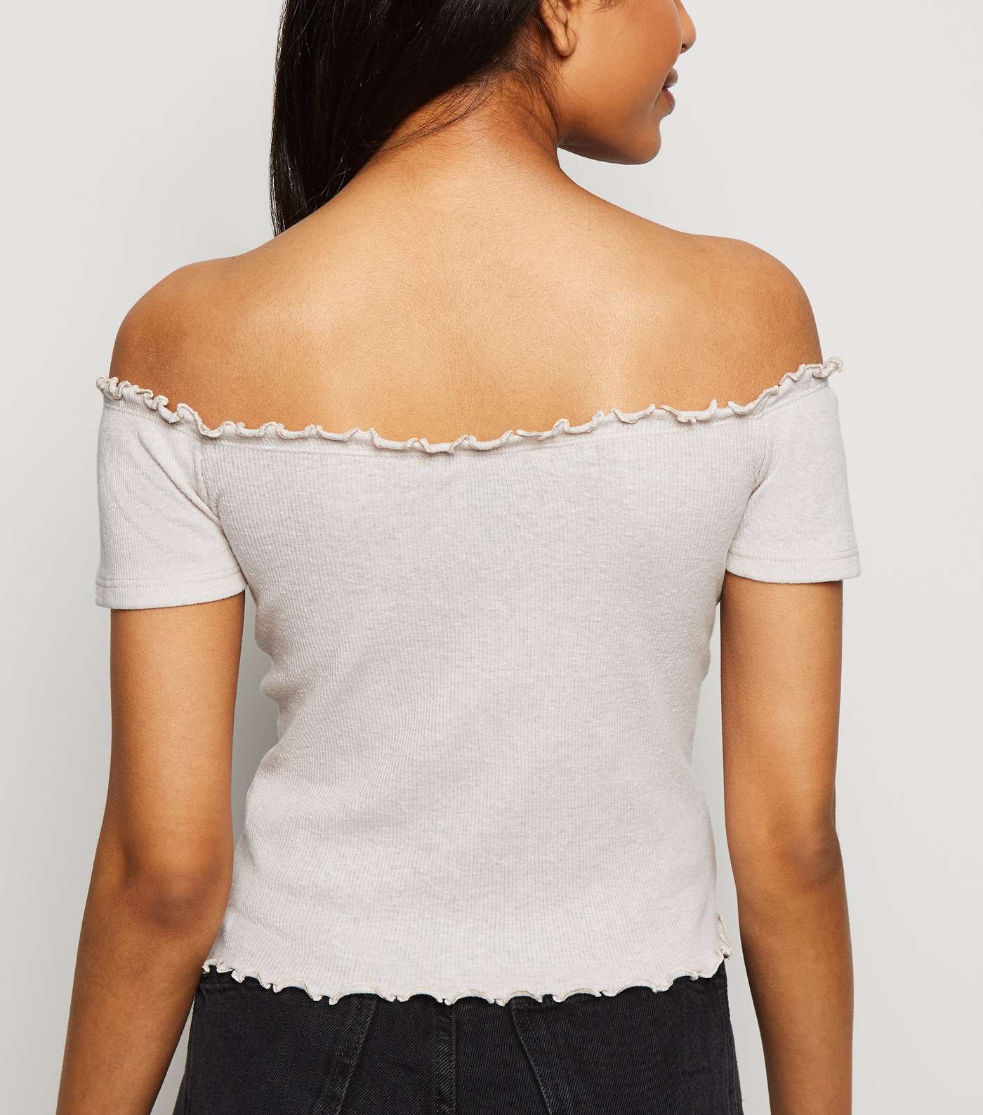 Petite Cream Ribbed Button Front Bardot Top Image 3