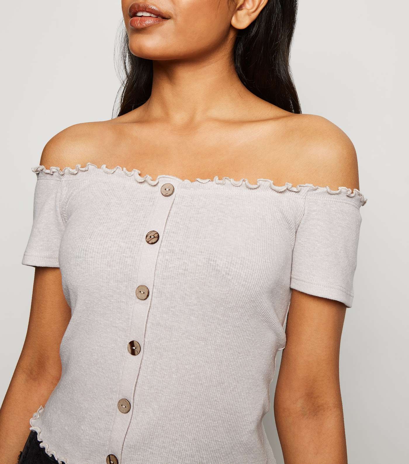 Petite Cream Ribbed Button Front Bardot Top Image 5