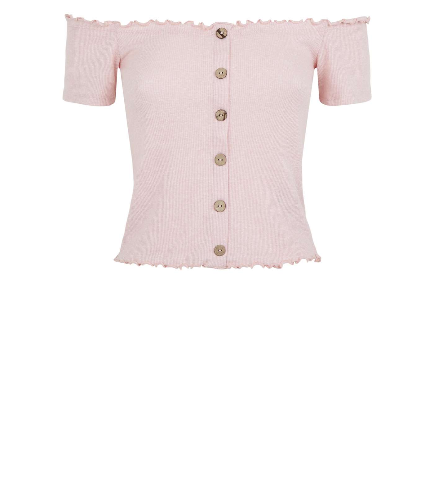 Petite Pink Ribbed Button Front Bardot Top Image 4