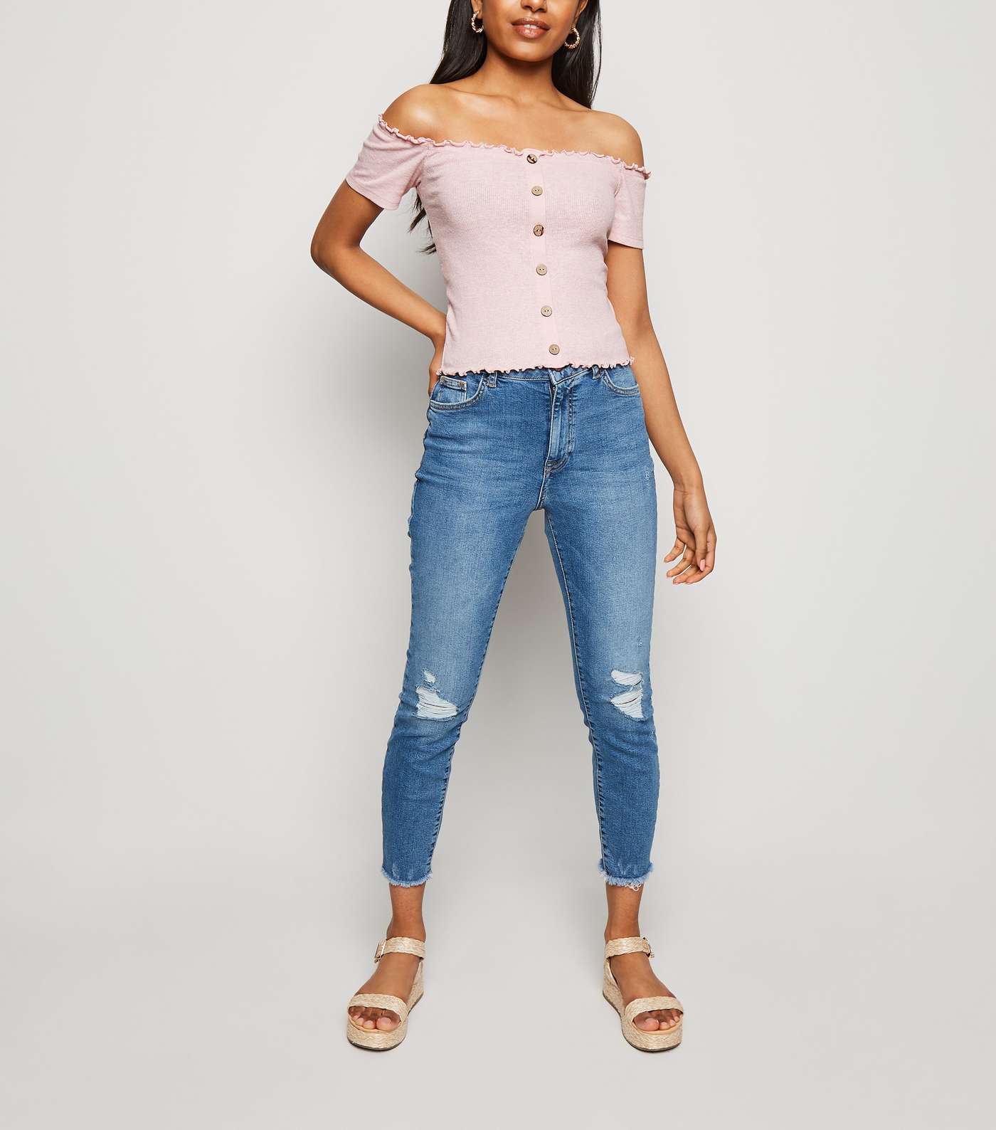 Petite Pink Ribbed Button Front Bardot Top Image 2