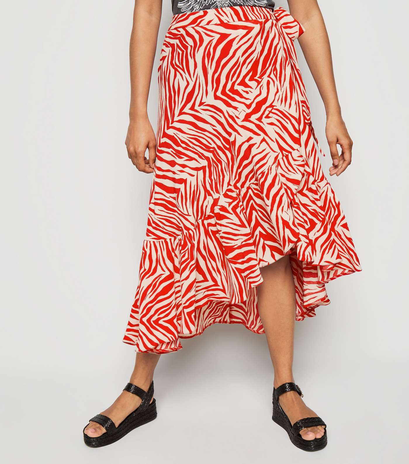 Petite Red Zebra Print Ruffle Midi Skirt Image 2