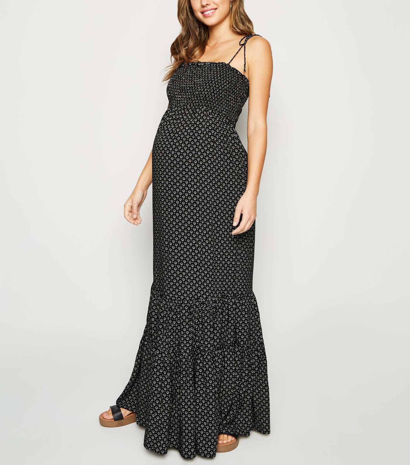 Maternity Black Tile Print Shirred Midi Dress