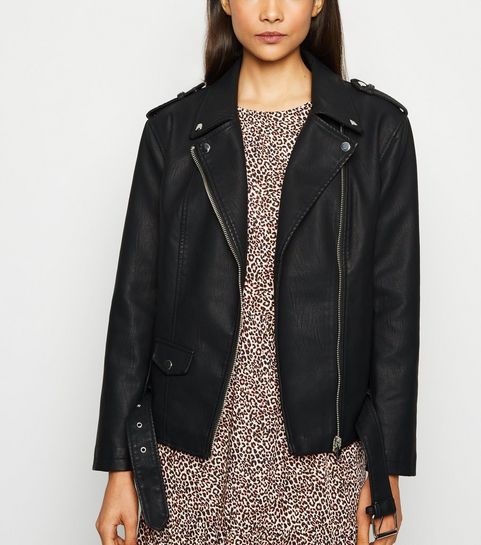 Black Leather-Look Oversized Biker Jacket