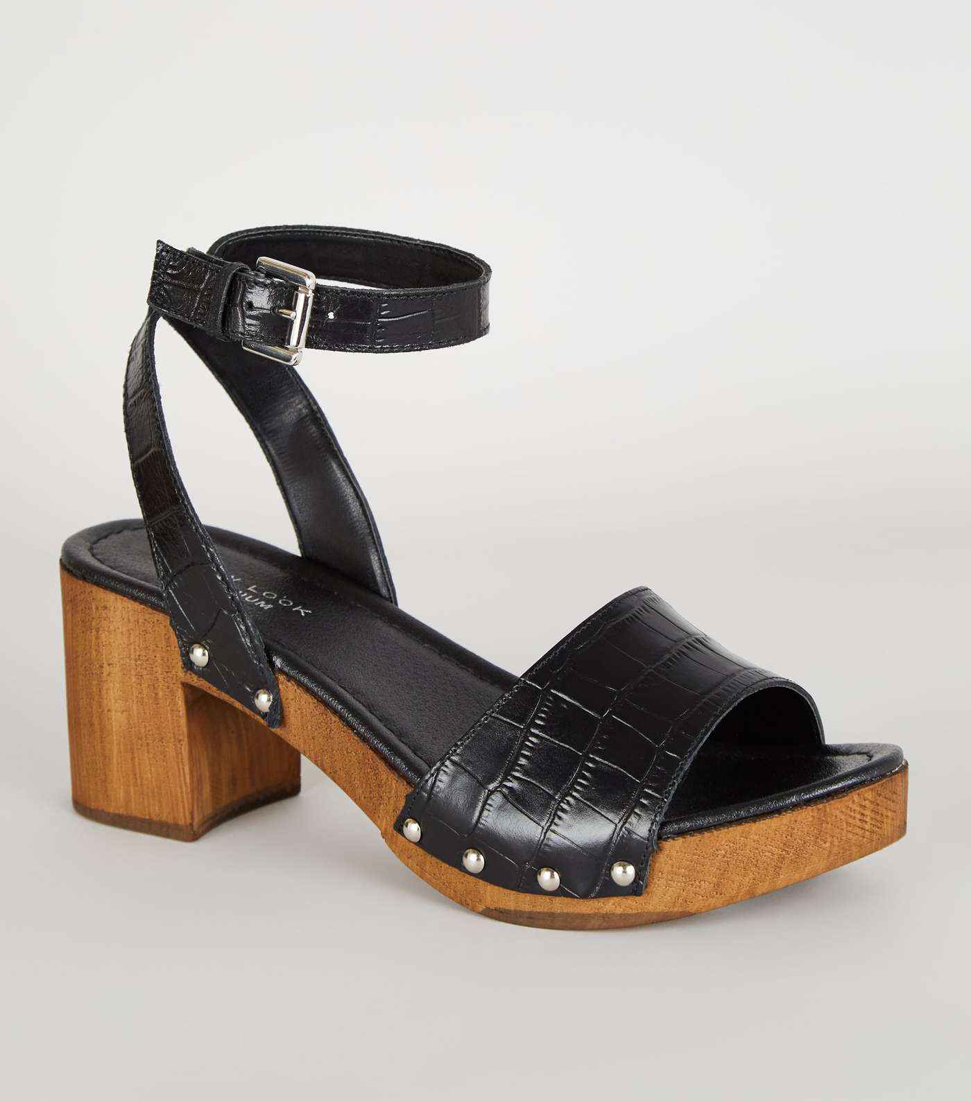 Black Premium Leather Chunky Wood Sandals