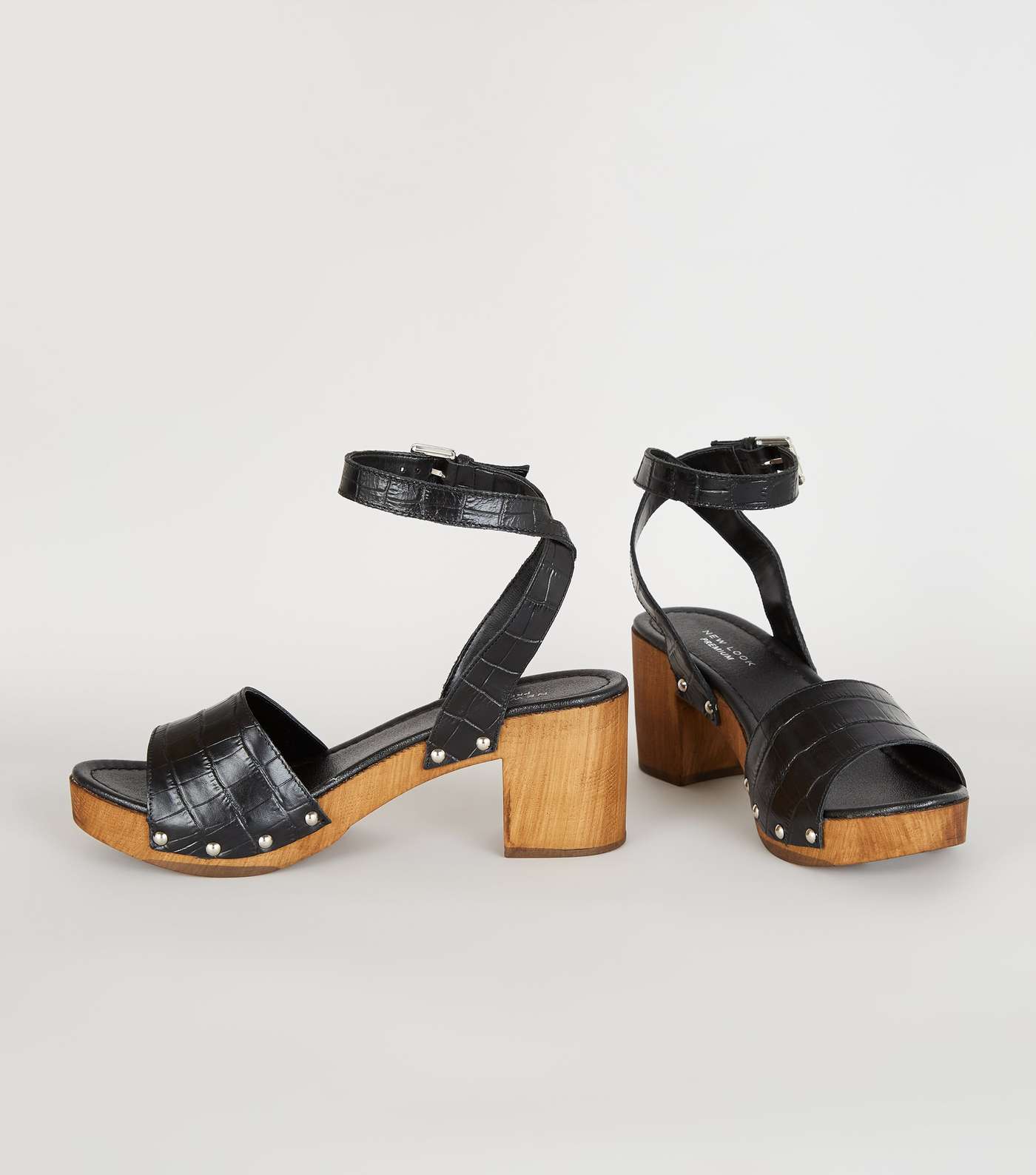 Black Premium Leather Chunky Wood Sandals Image 3