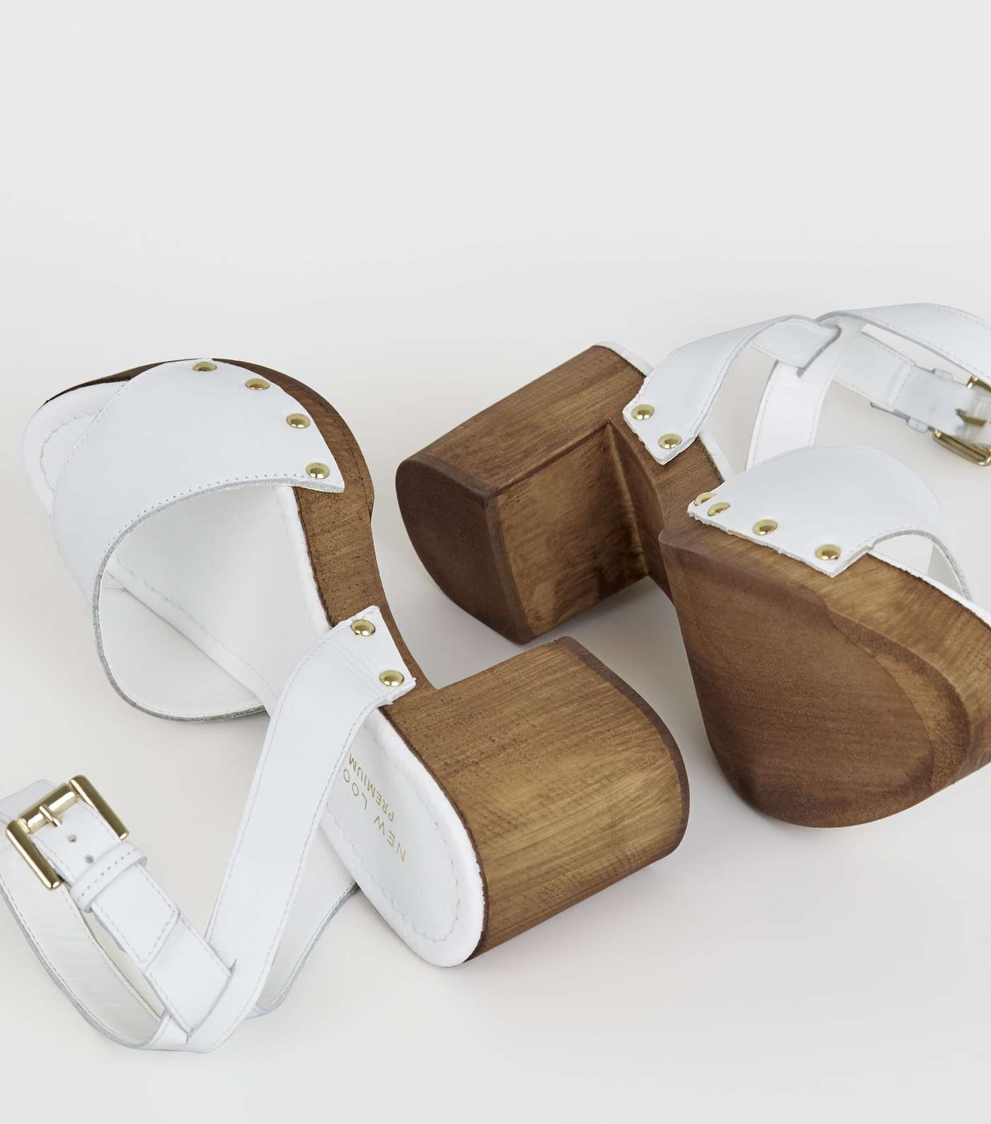 White Premium Leather Chunky Wood Sandals Image 4