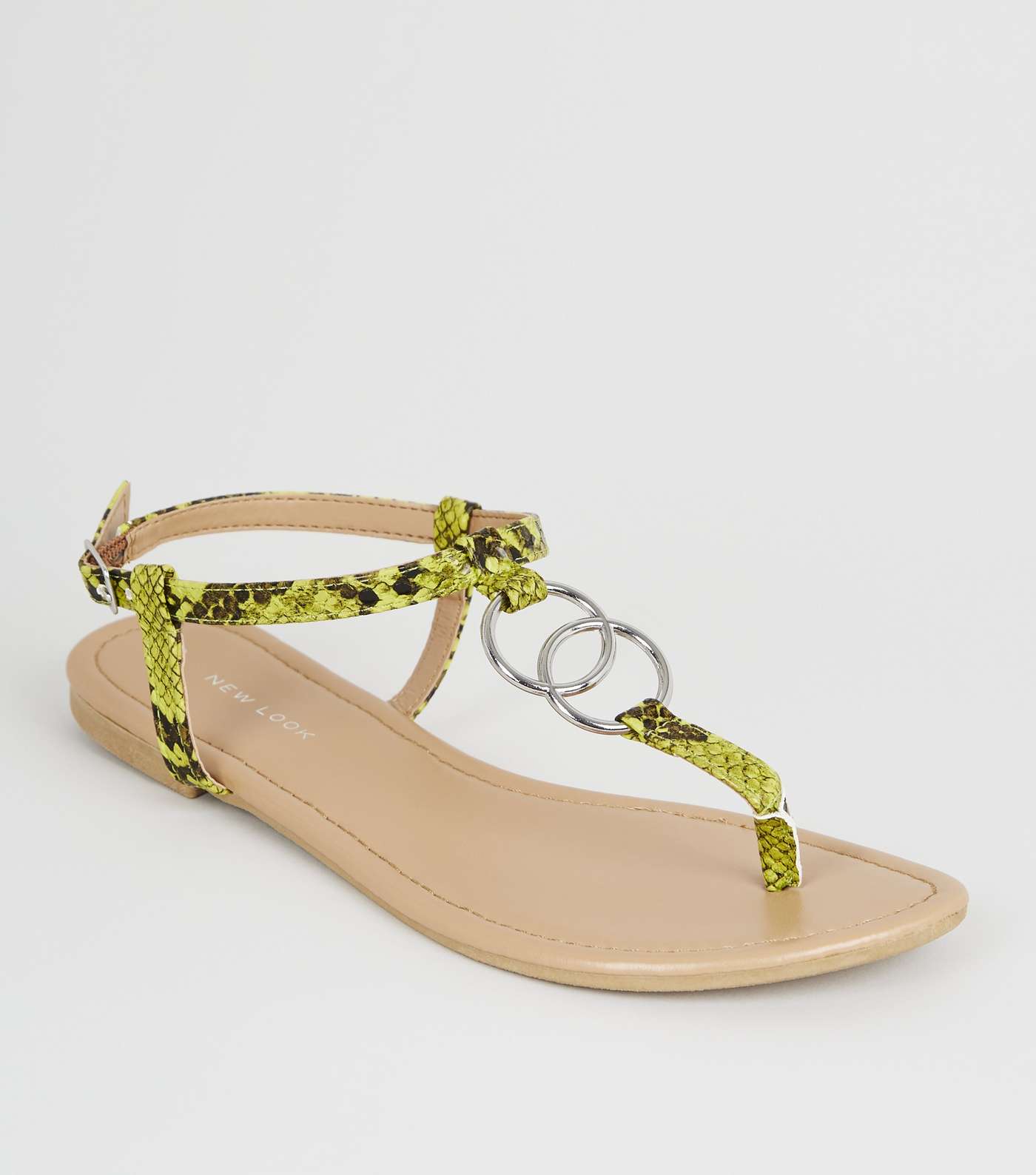 Green Neon Faux Snake Ring Strap Flat Sandals