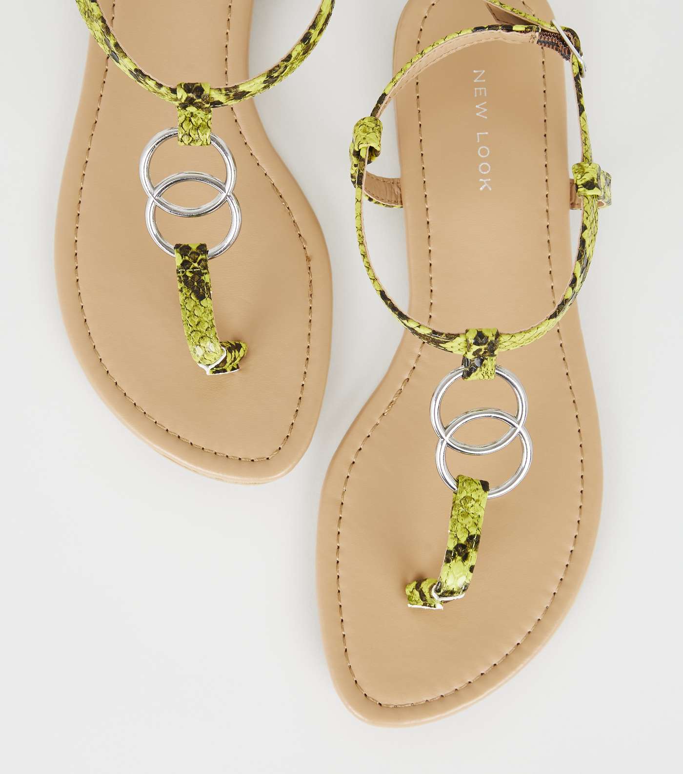 Green Neon Faux Snake Ring Strap Flat Sandals Image 3