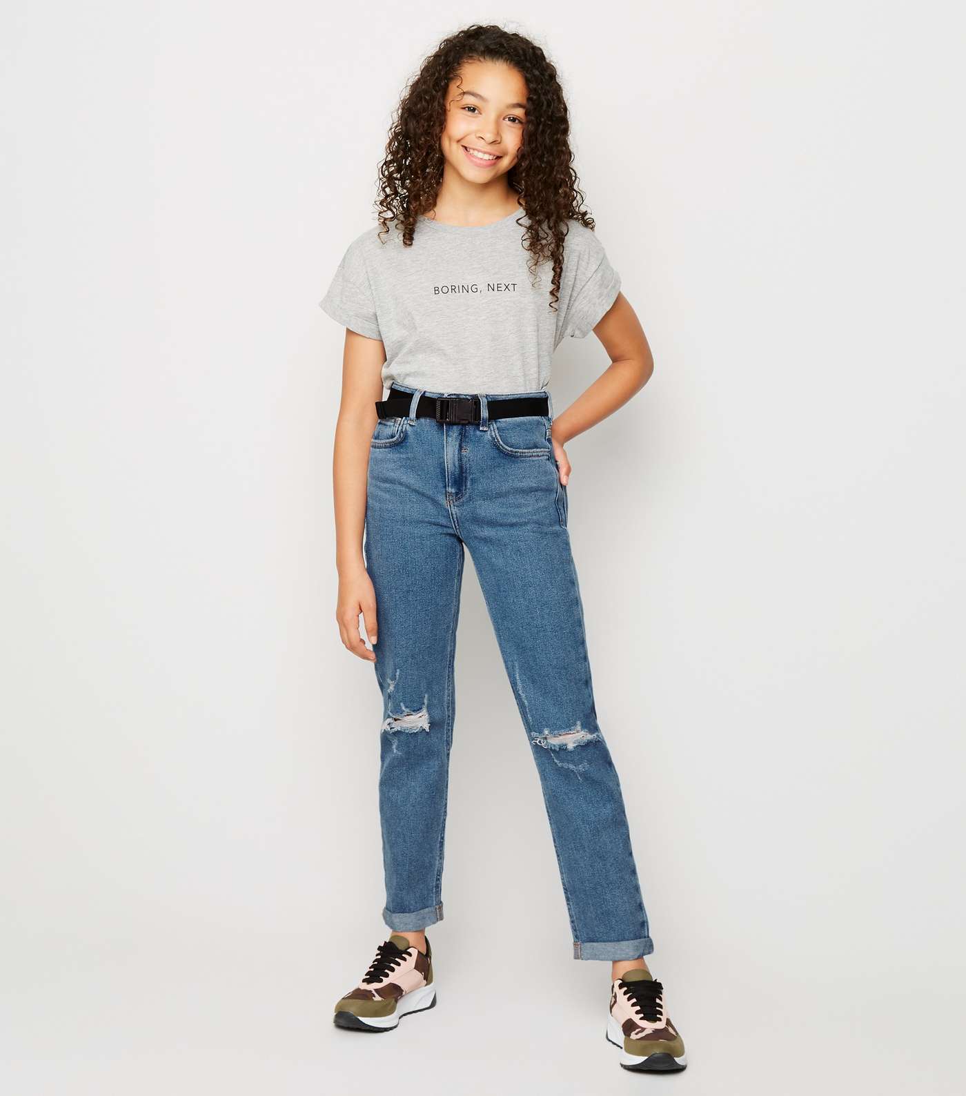 Girls Pale Blue Belted Mom Jeans