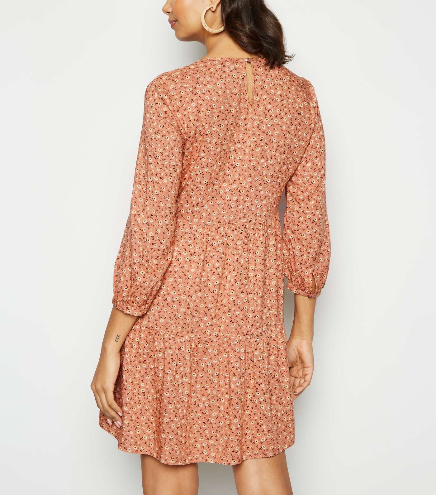 Brown Ditsy Floral Tiered Smock Dress Image 3