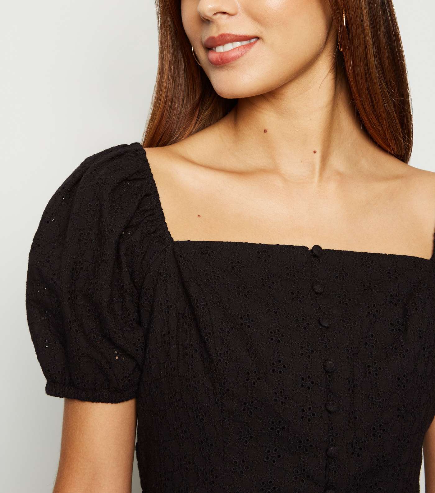 Black Broderie Square Neck Button Up Top Image 5