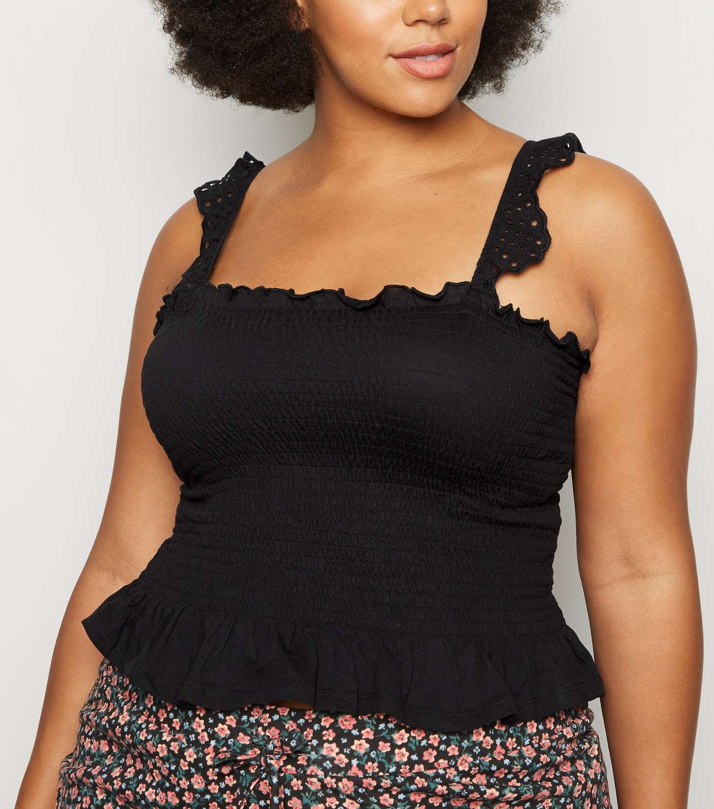 Curves Black Shirred Broderie Frill Cami 