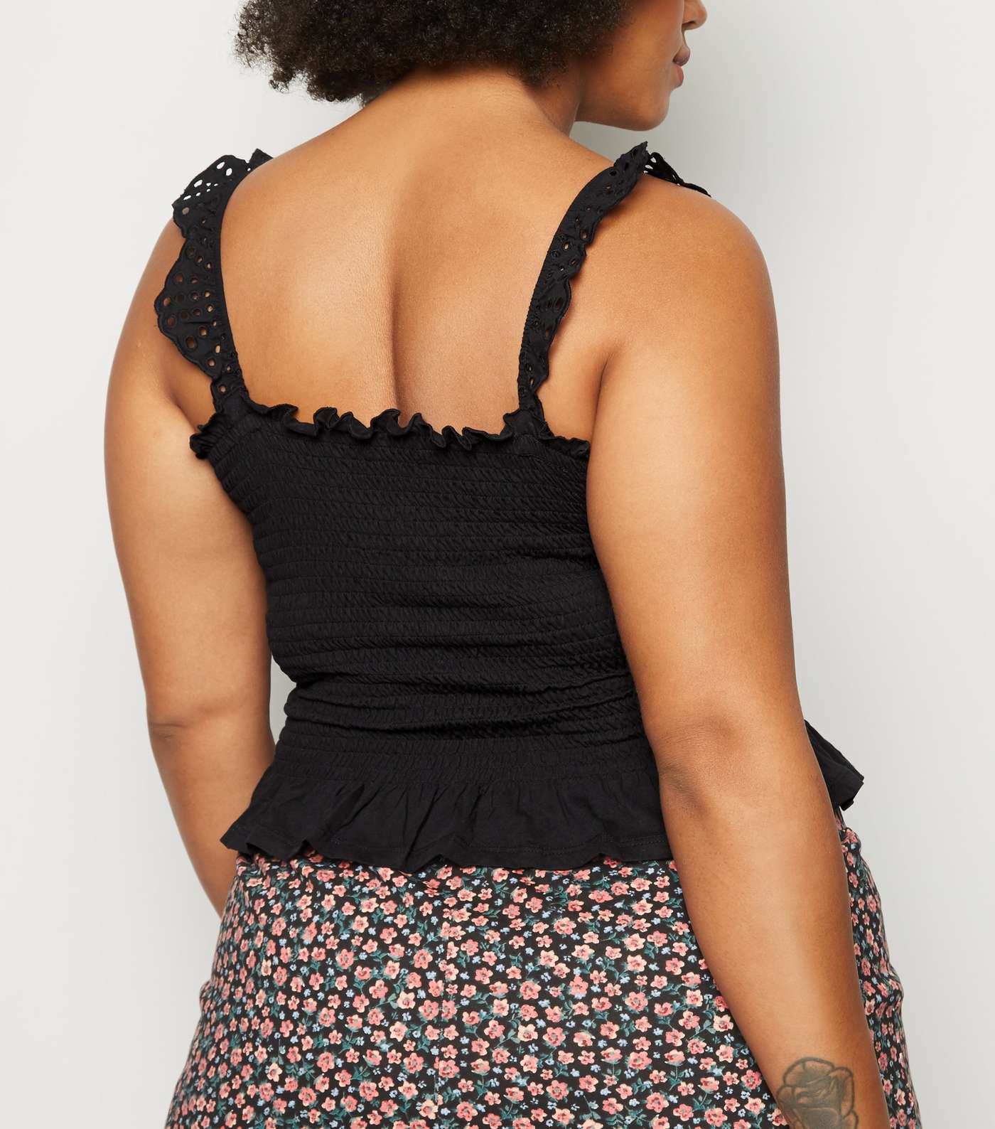 Curves Black Shirred Broderie Frill Cami  Image 3