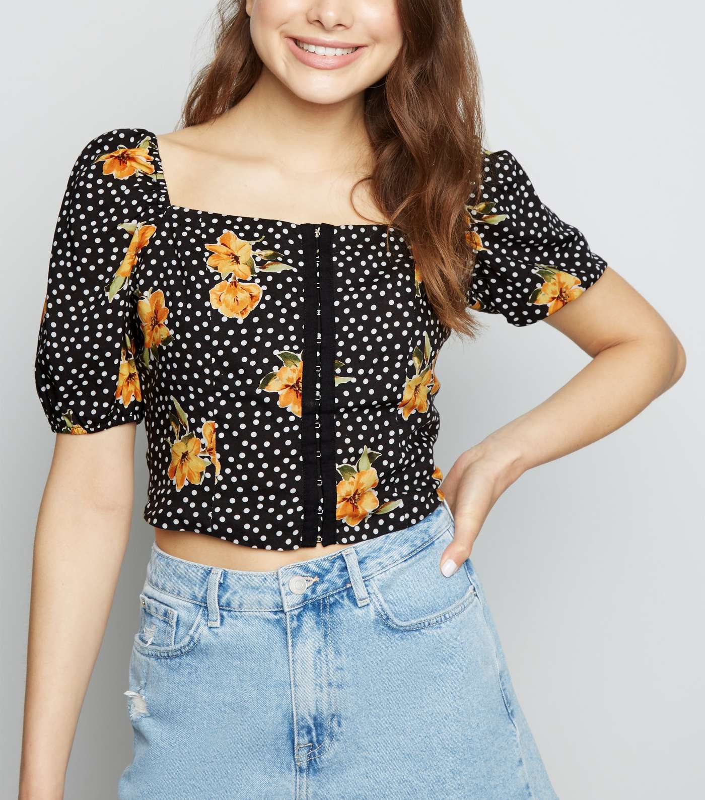 Black Floral Spot Hook and Eye Front Top