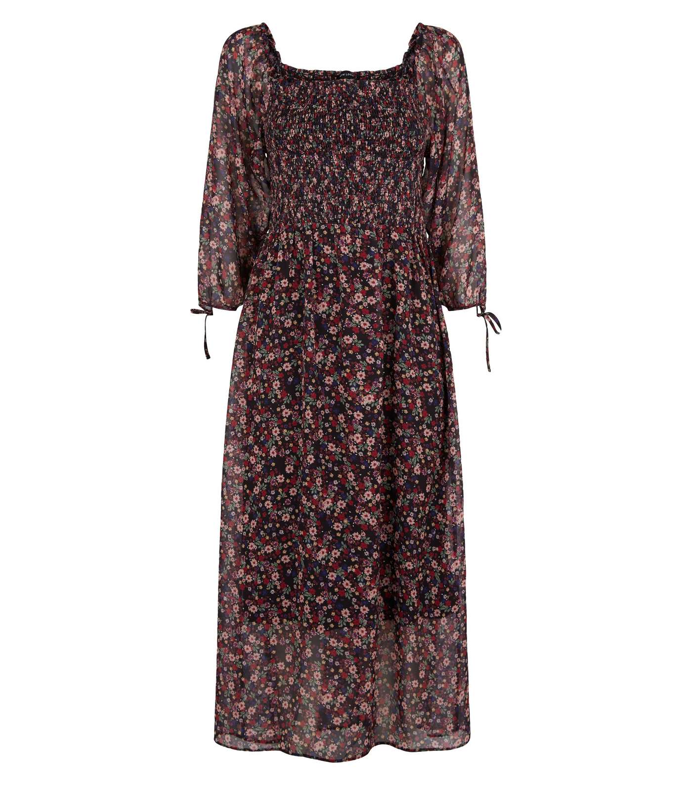 Black Floral Chiffon Shirred Midi Dress Image 4