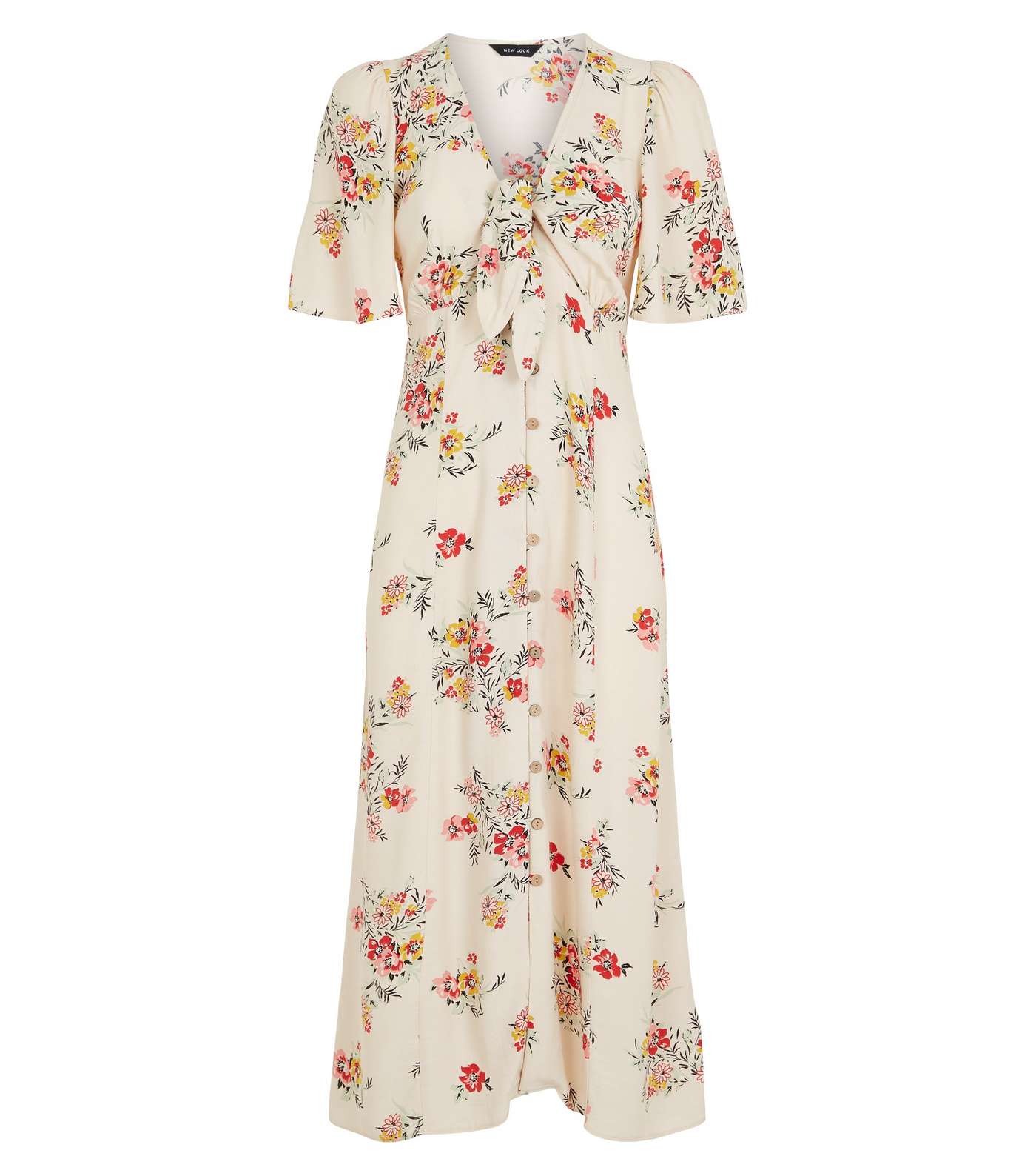 Off White Floral Tie Button Up Midi Dress Image 3