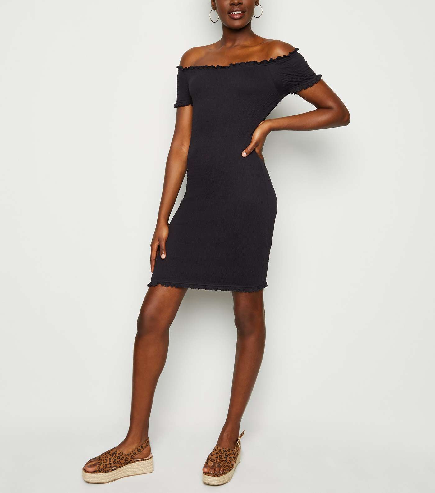 Black Bardot Shirred Jersey Mini Dress Image 2