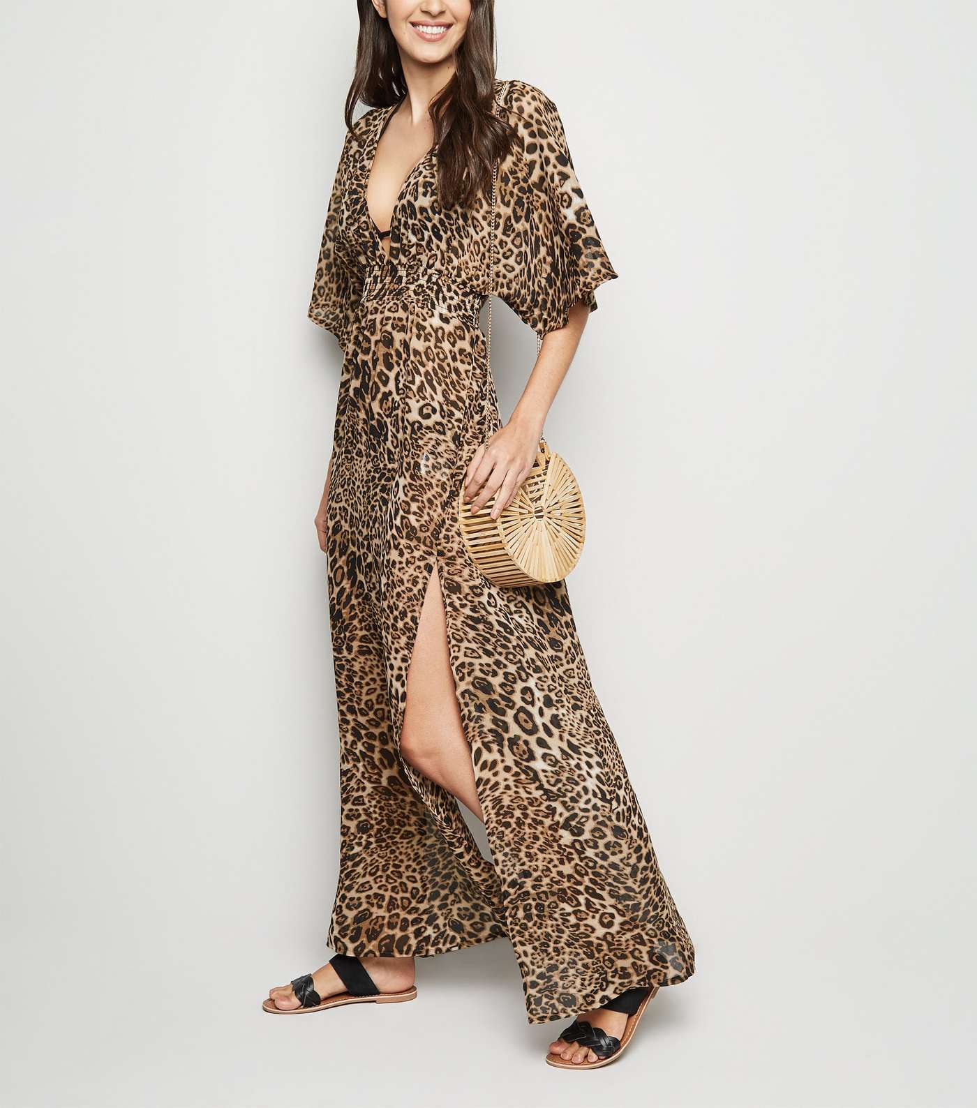 Brown Leopard Print Split Hem Maxi Beach Dress