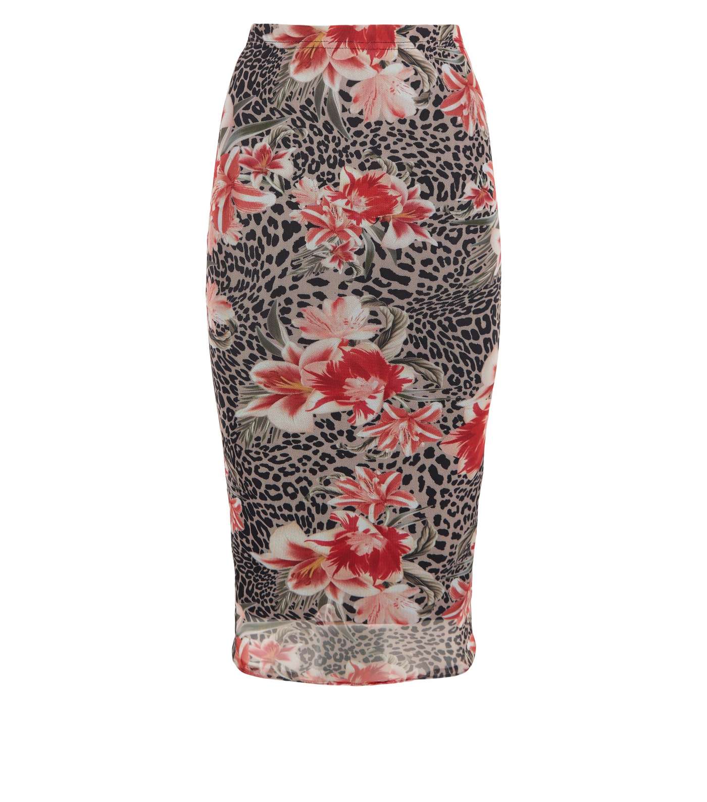 Brown Floral Leopard Print Mesh Midi Skirt Image 4