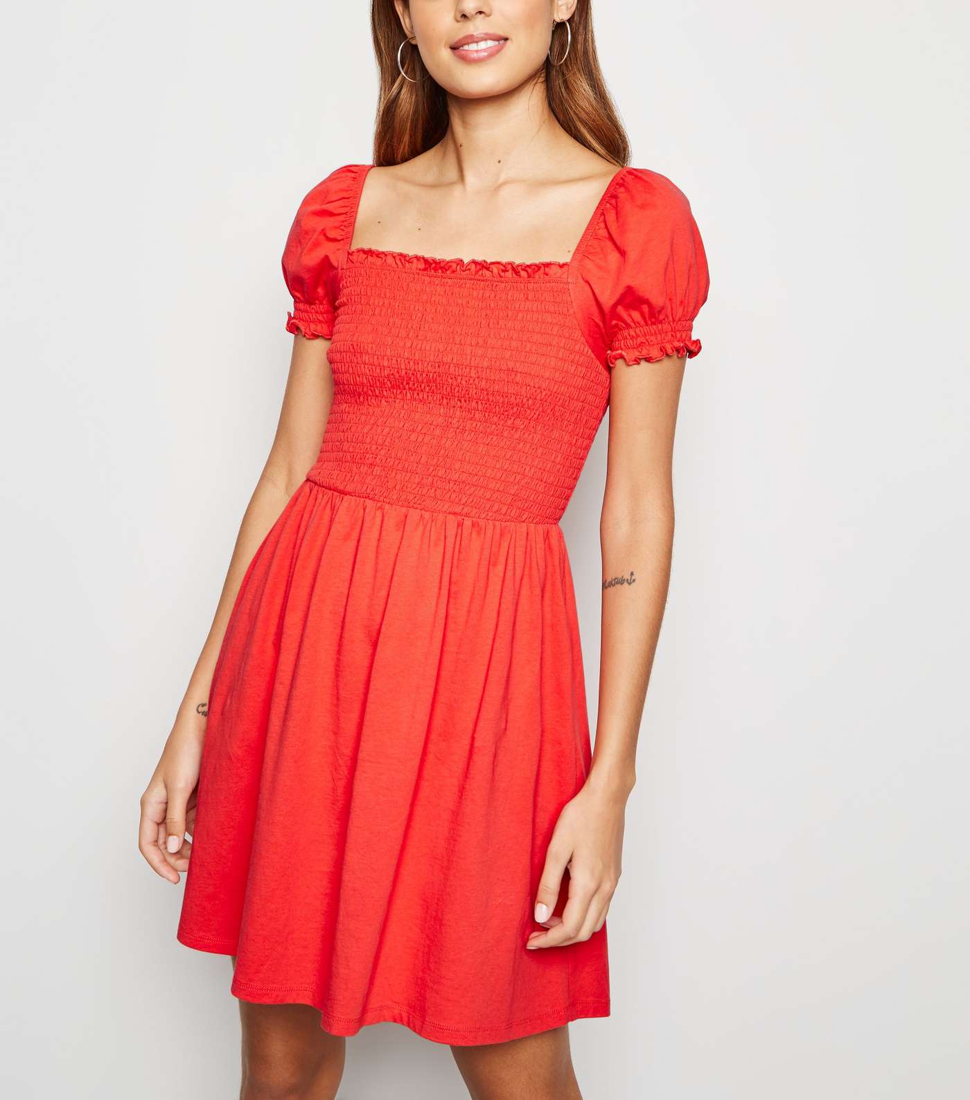 Red Shirred Jersey Milkmaid Dress 