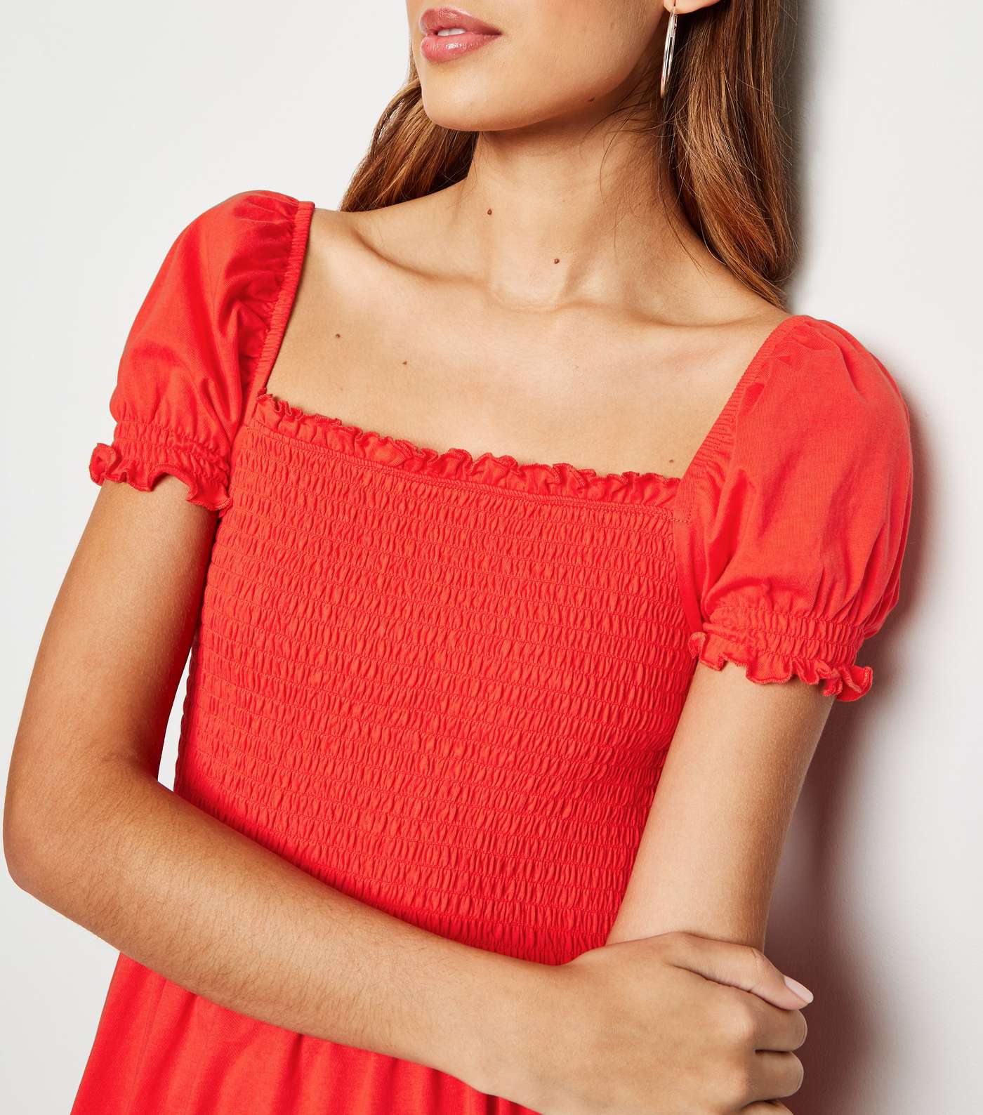 Red Shirred Jersey Milkmaid Dress  Image 5