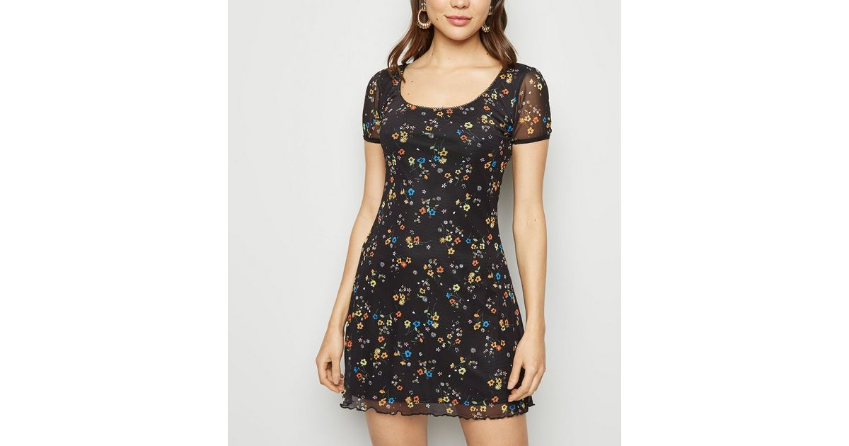 Cameo Rose Black Floral Mesh Mini Dress New Look
