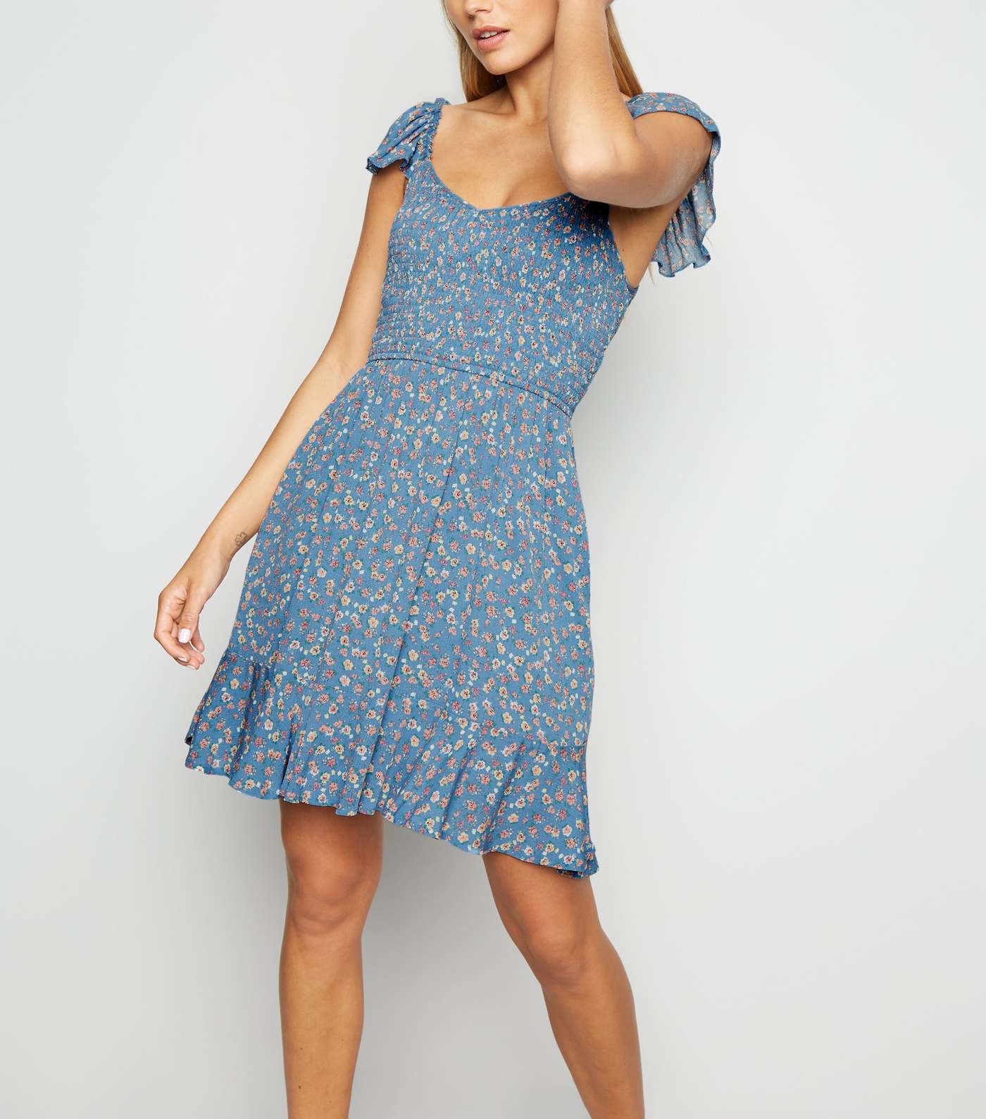 Blue Ditsy Floral Shirred Milkmaid Dress