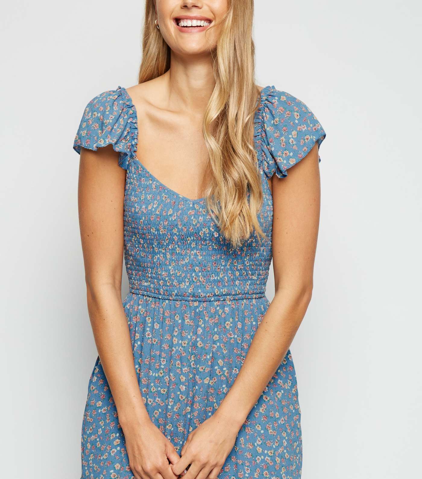 Blue Ditsy Floral Shirred Milkmaid Dress Image 3