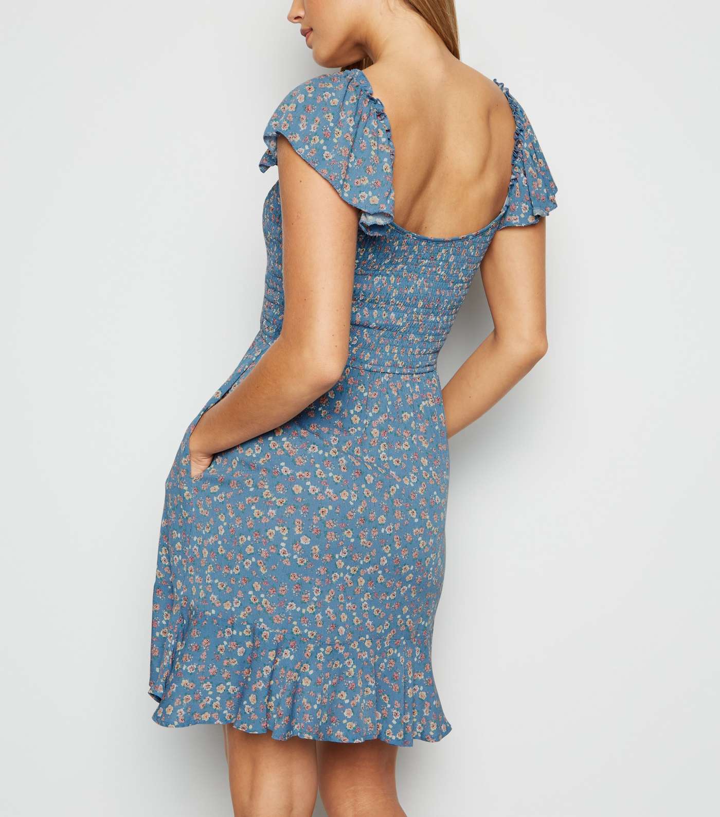 Blue Ditsy Floral Shirred Milkmaid Dress Image 5