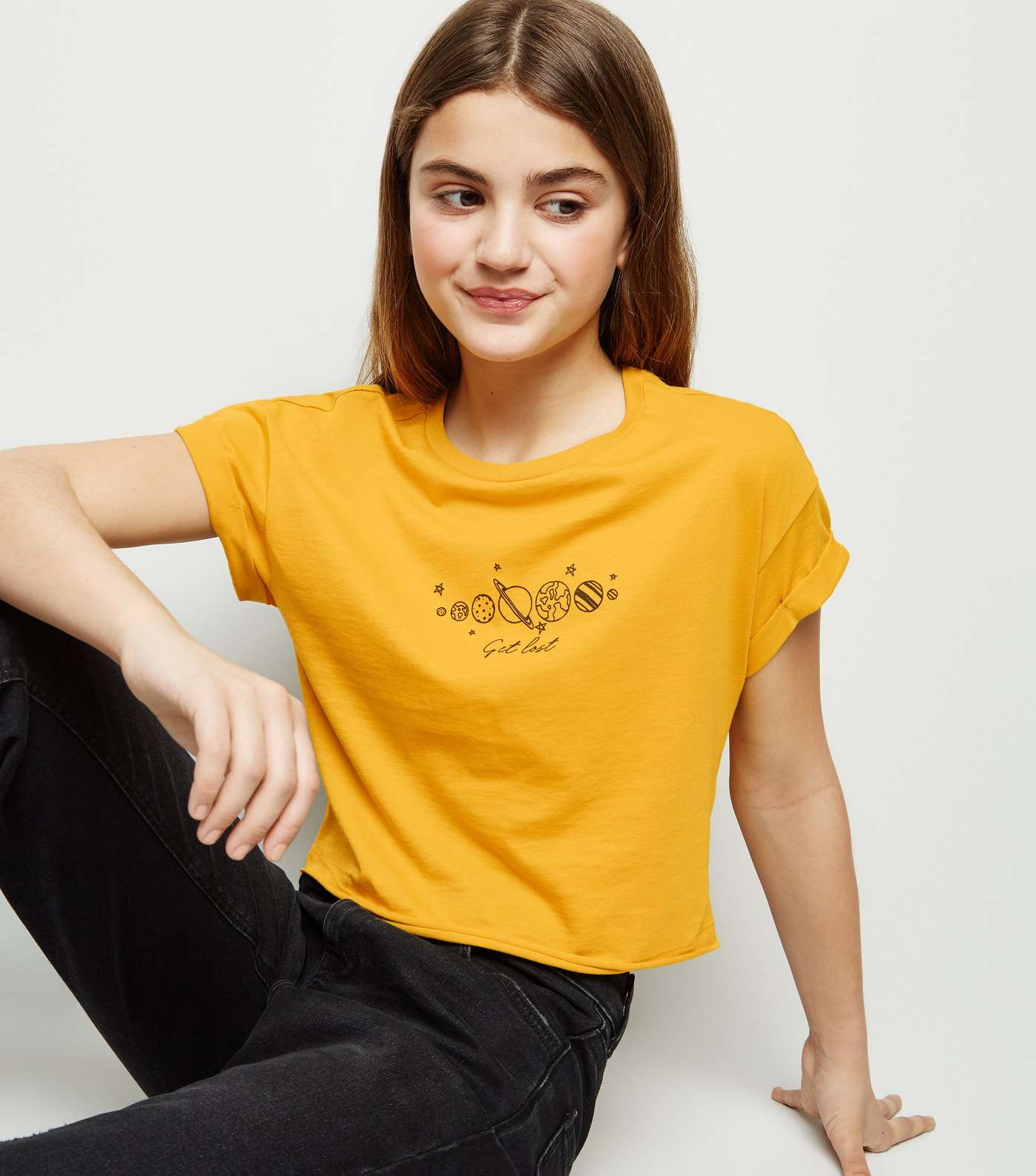 Girls Mustard Space Get Lost Slogan T-Shirt Image 5