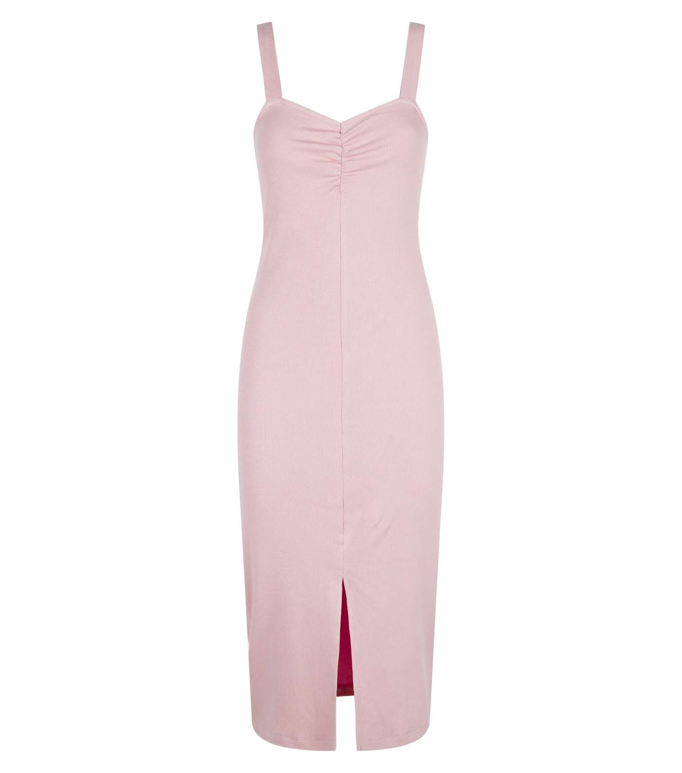 Pale Pink Ribbed Front Split Midi Dress Image 4