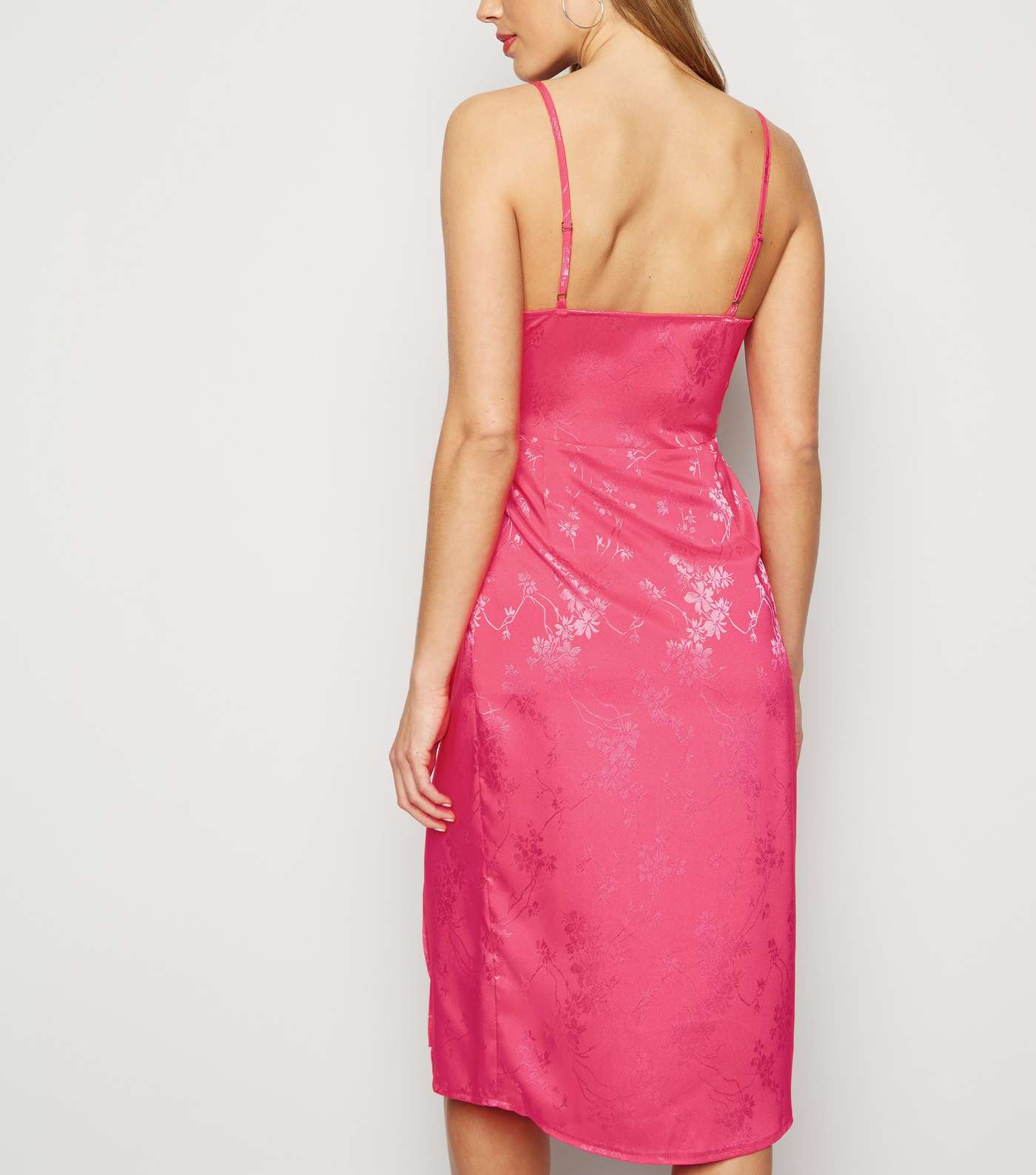 Bright Pink Floral Satin Jacquard Midi Dress Image 3