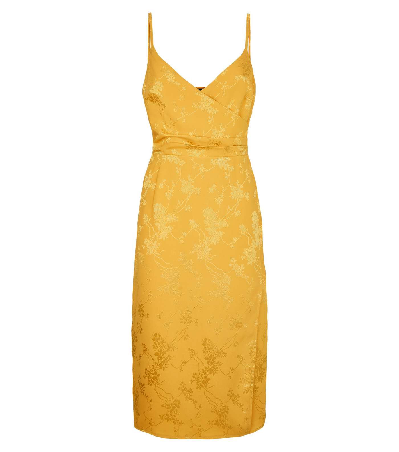 Mustard Floral Satin Jacquard Midi Dress Image 4