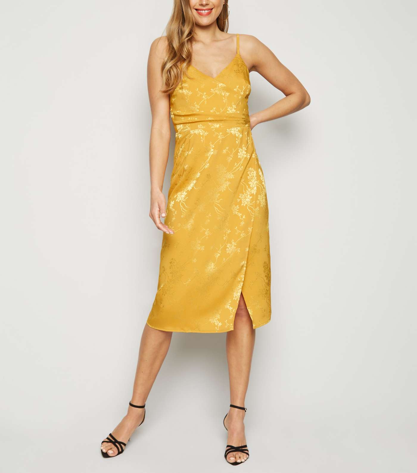 Mustard Floral Satin Jacquard Midi Dress Image 2