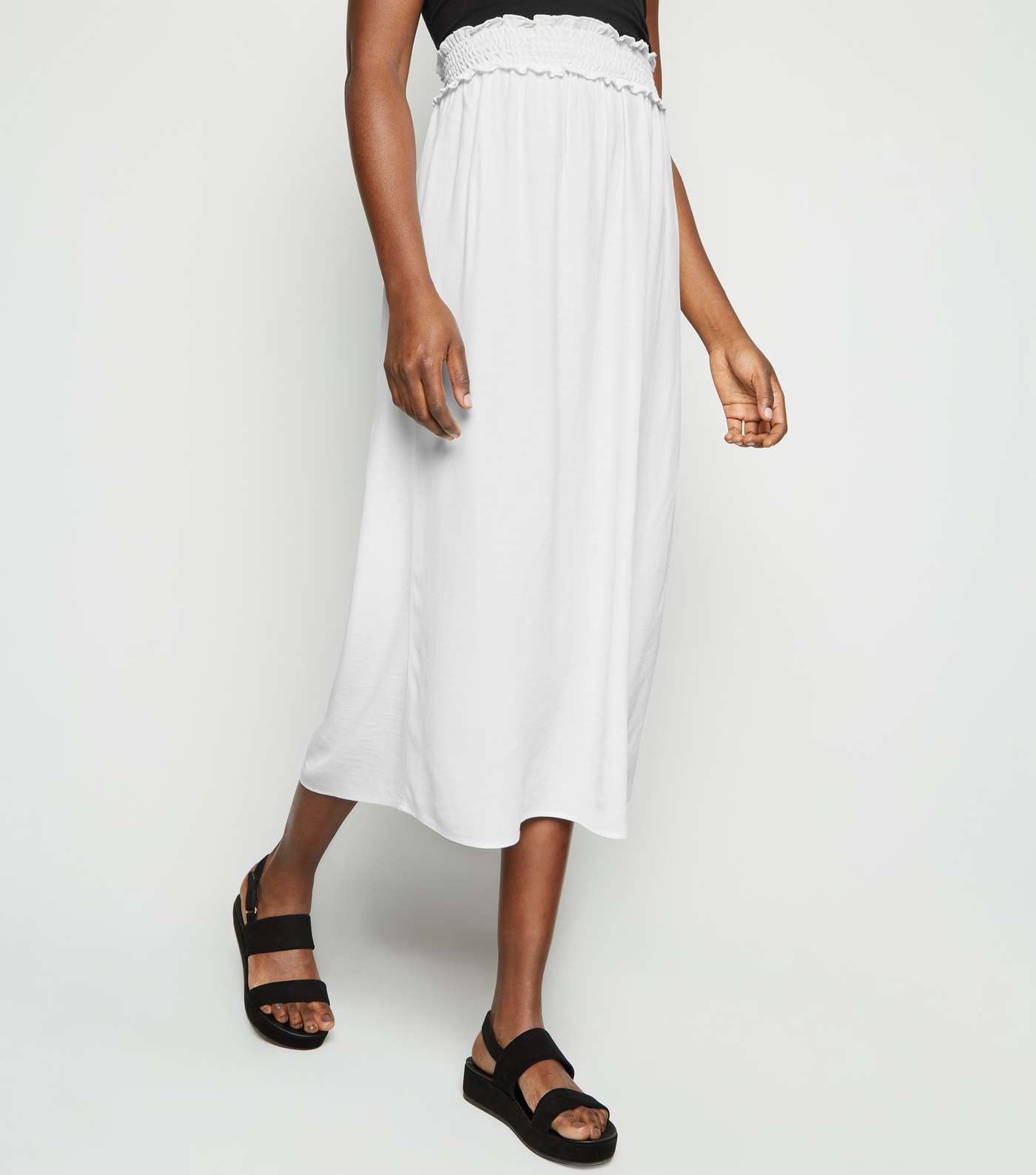 Cream Shirred Waist Midi Skirt Image 2