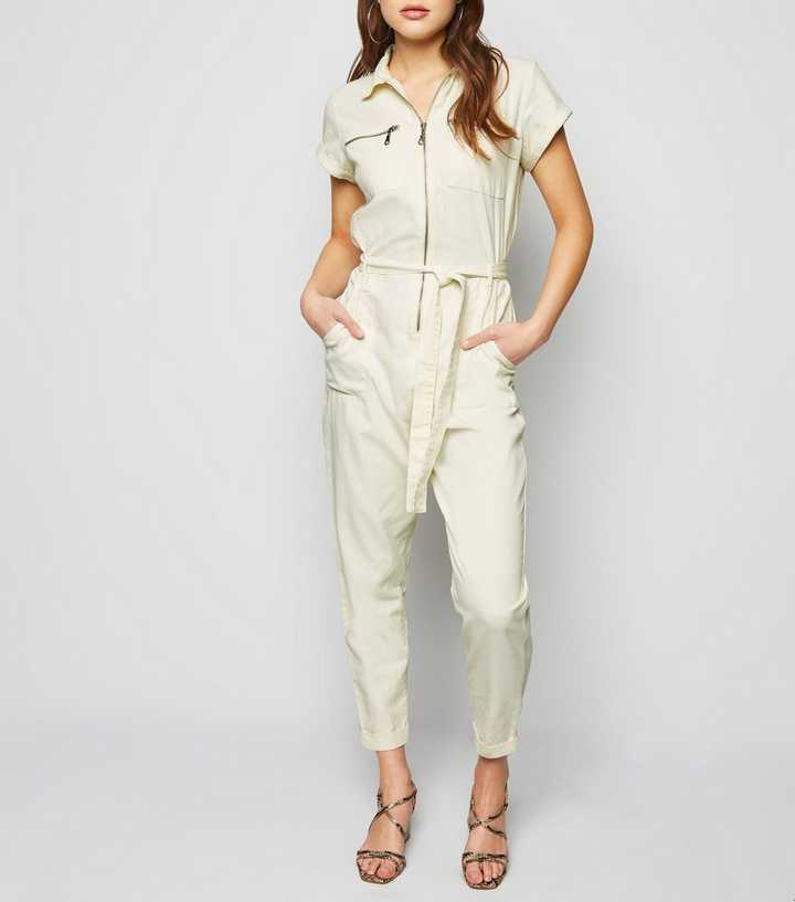 Off White Tie Waist Denim Boiler Suit